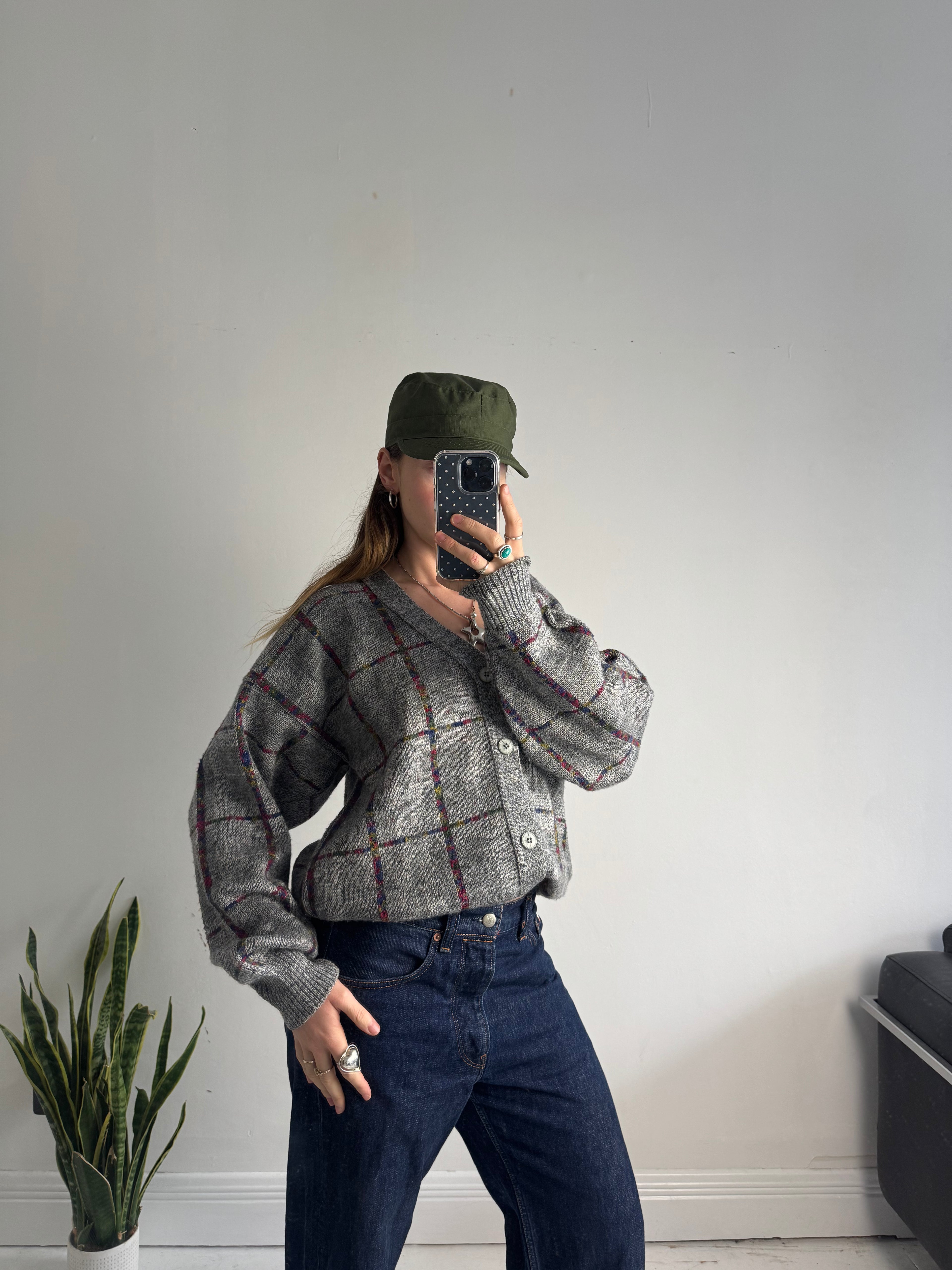 Grey Tartan V Nack Cardi Size S