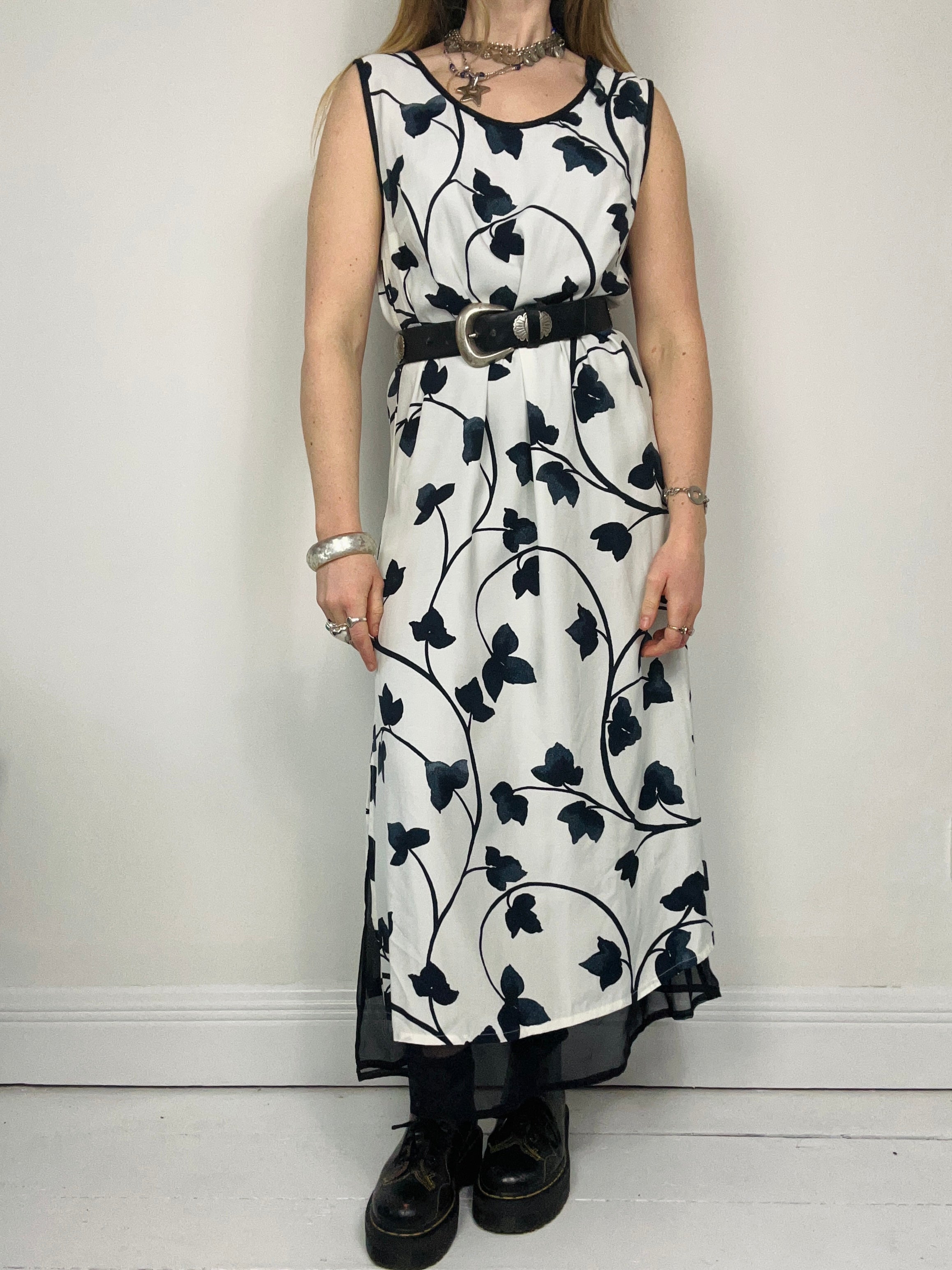 Leaf Print 90's Midi Dress Size 14
