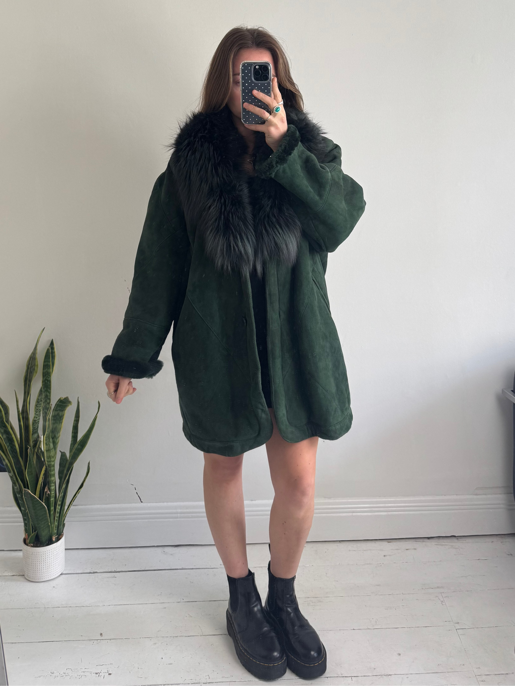 Green Suede Shearling Faux Fur Coat Size L