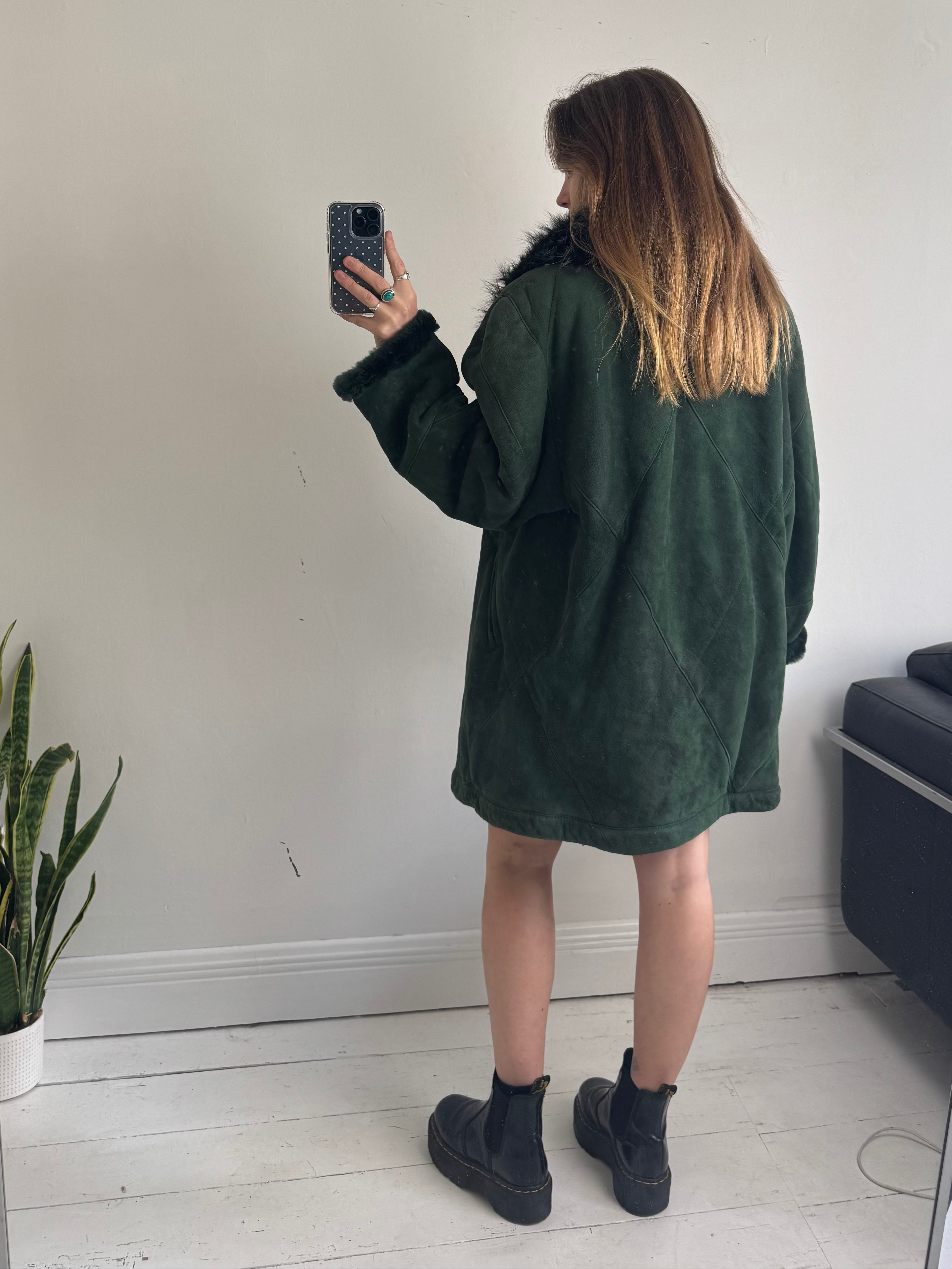 Green Suede Shearling Faux Fur Coat Size L