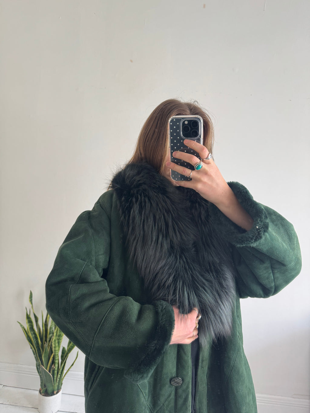Green Suede Shearling Faux Fur Coat Size L