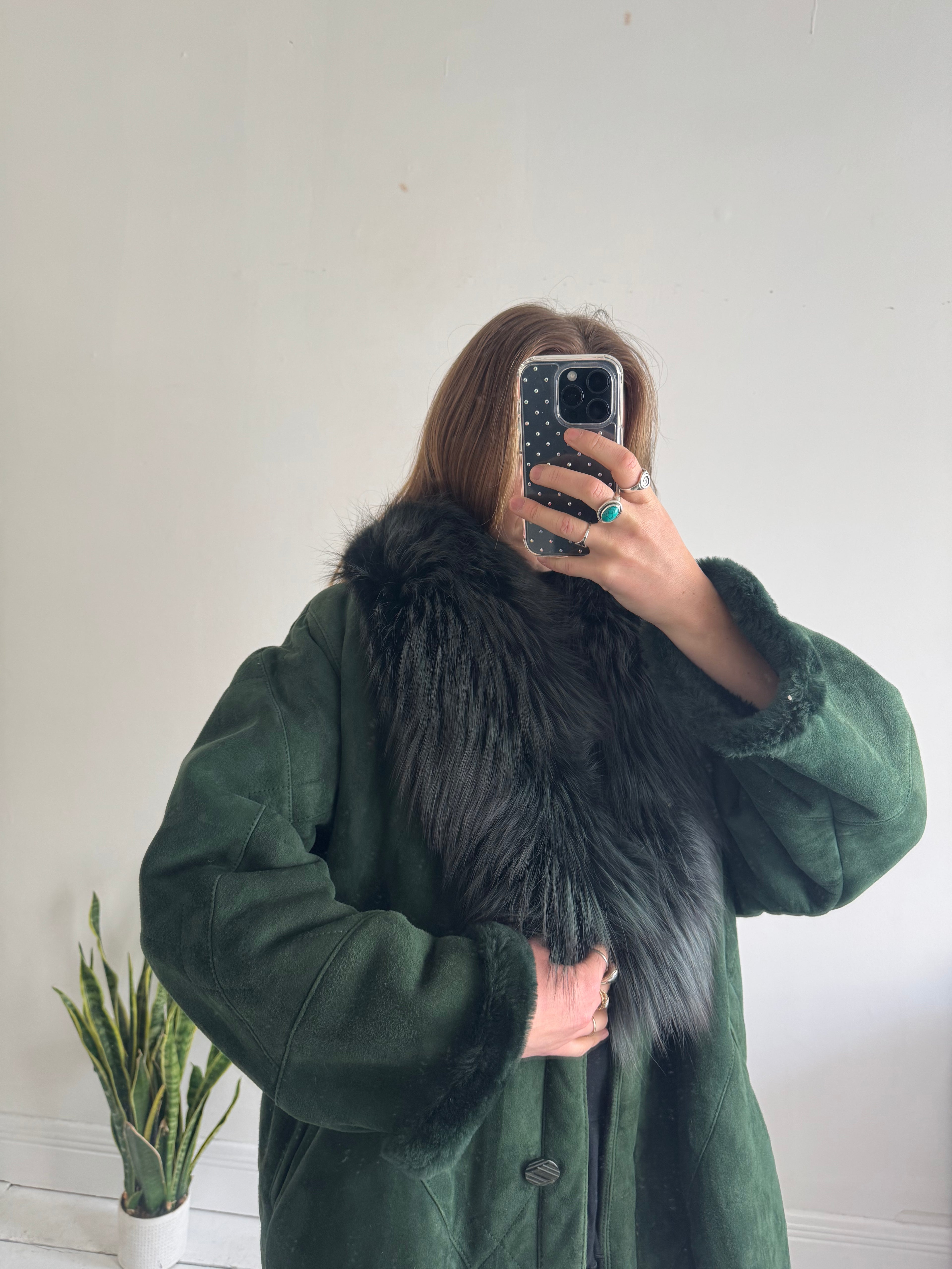 Green Suede Shearling Faux Fur Coat Size L
