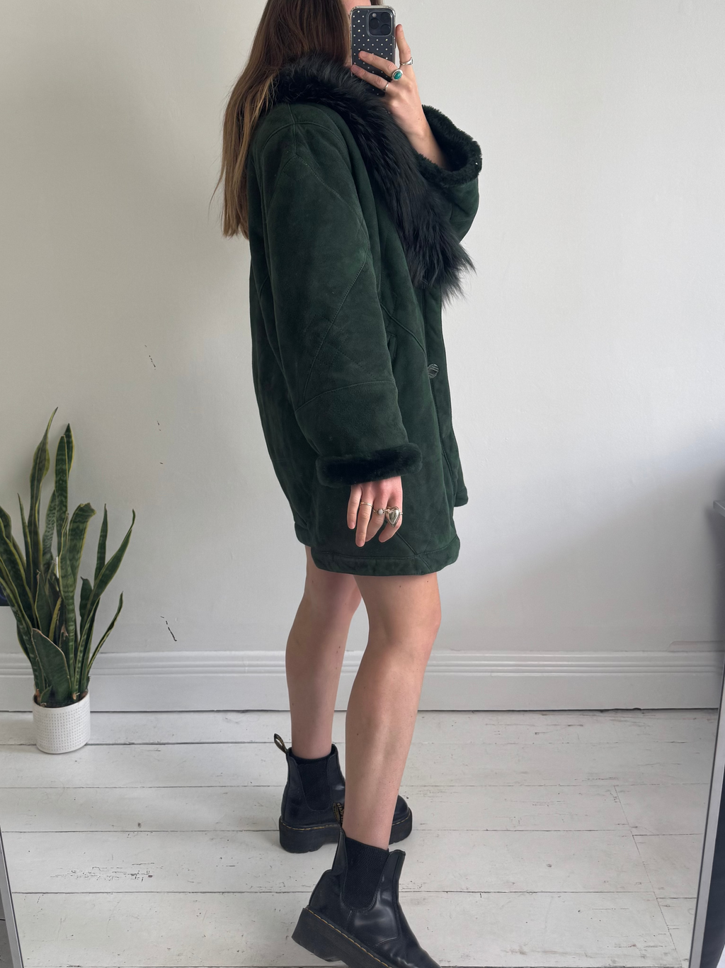 Green Suede Shearling Faux Fur Coat Size L