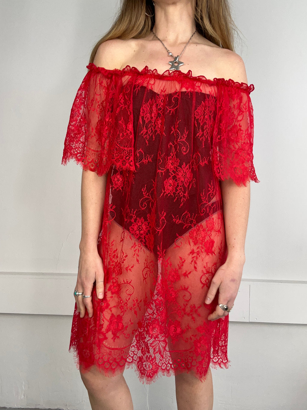 Red Sheer Lace off the Shoulder Dress Size 12