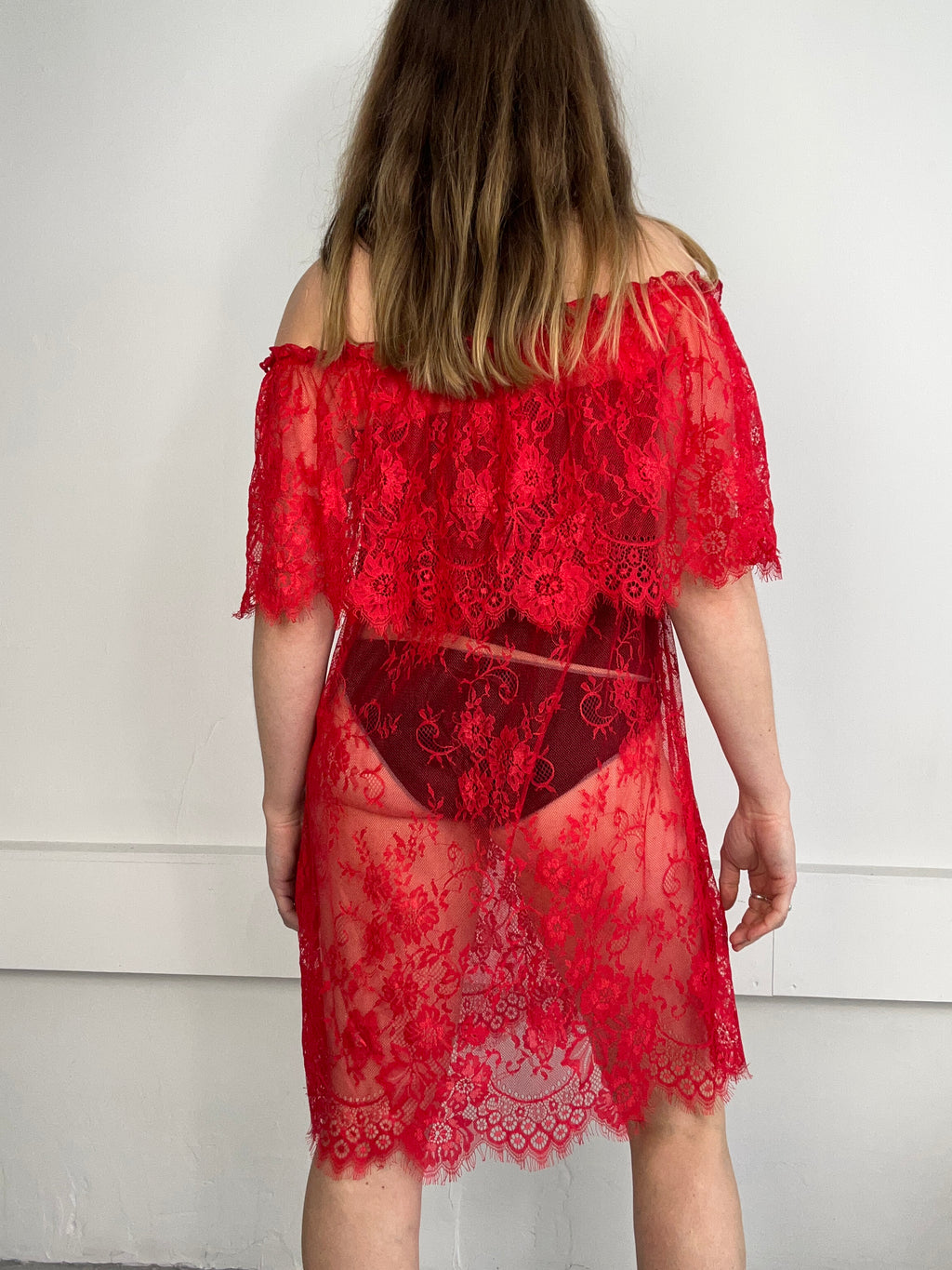 Red Sheer Lace off the Shoulder Dress Size 12