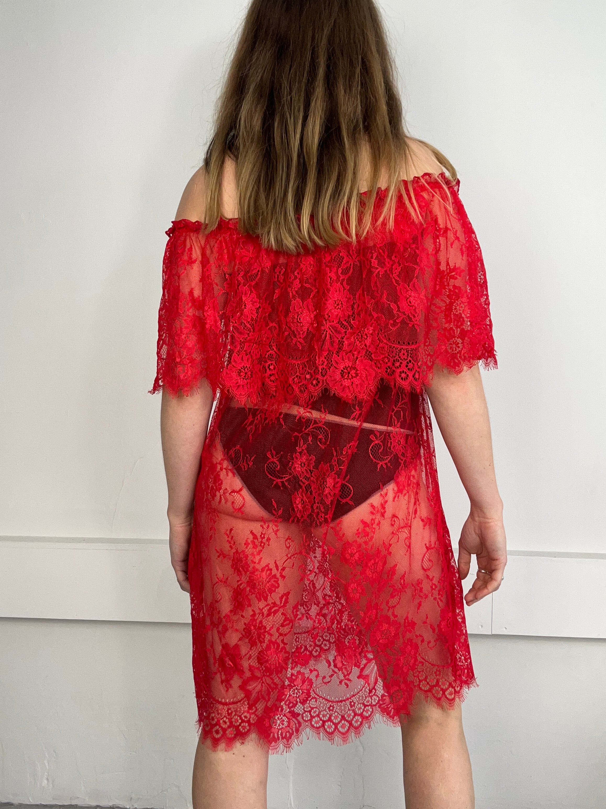 Red Sheer Lace off the Shoulder Dress Size 12