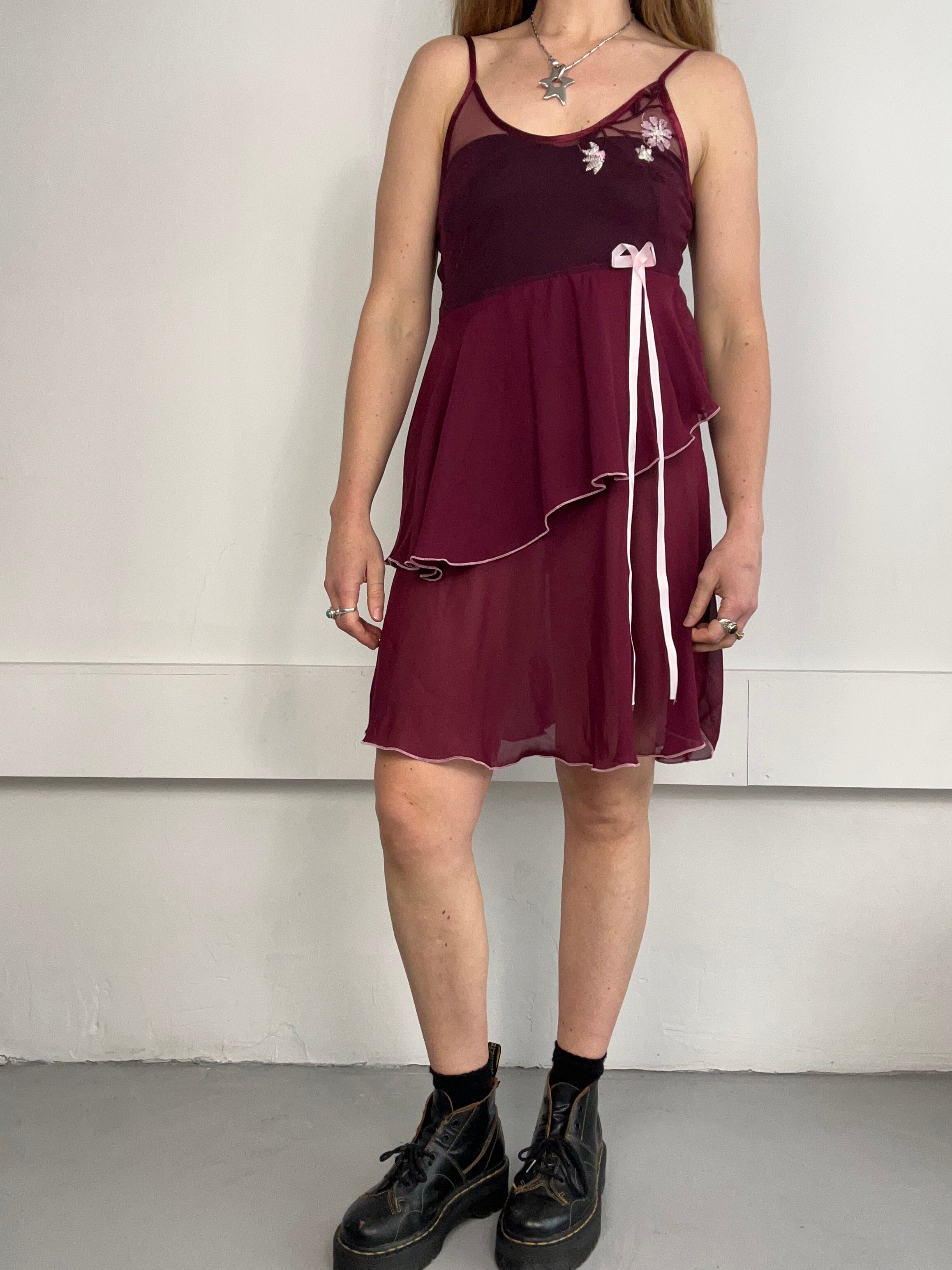 Sheer Wine Ruffle Slip Dress Size 10
