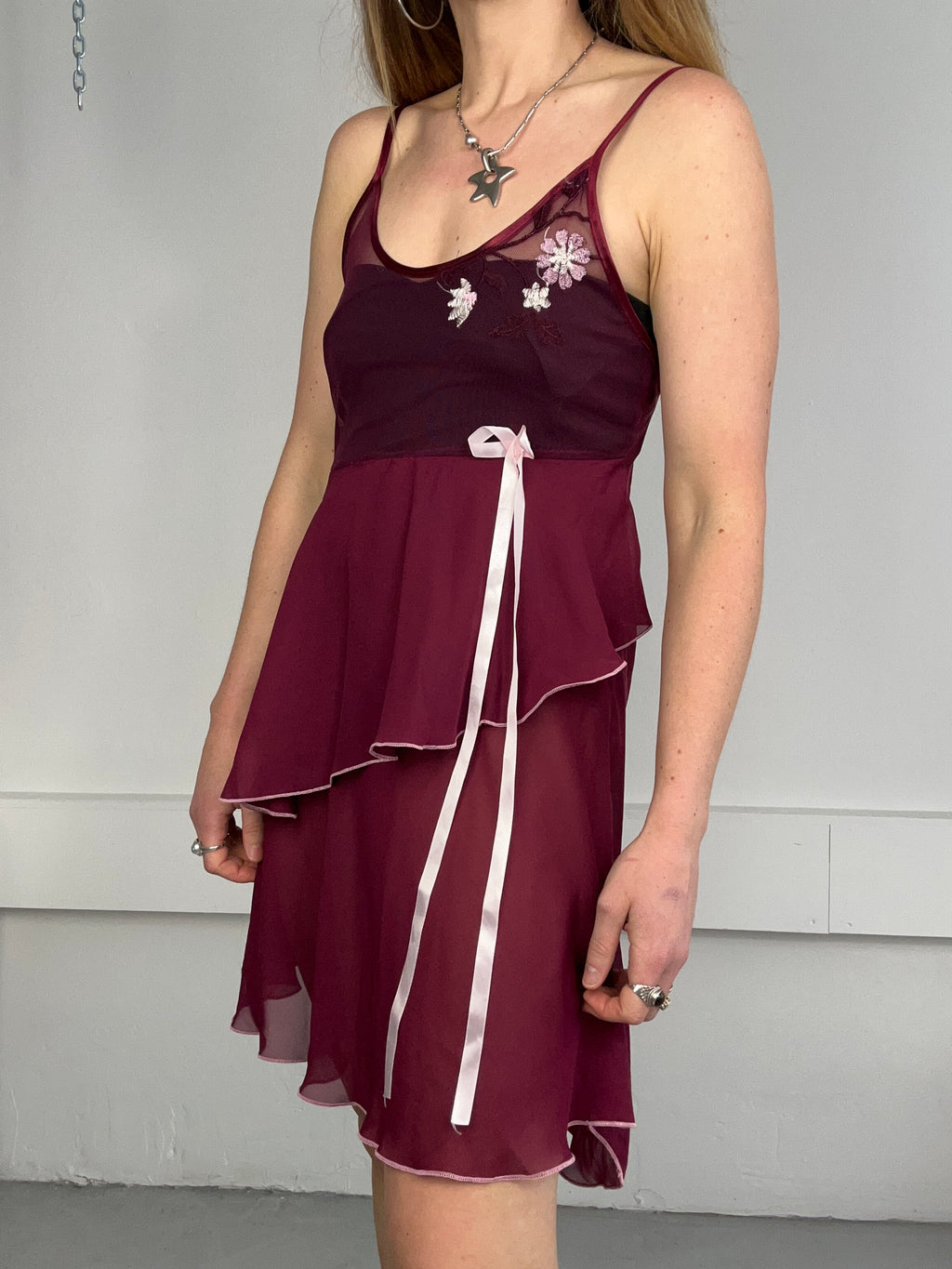 Sheer Wine Ruffle Slip Dress Size 10