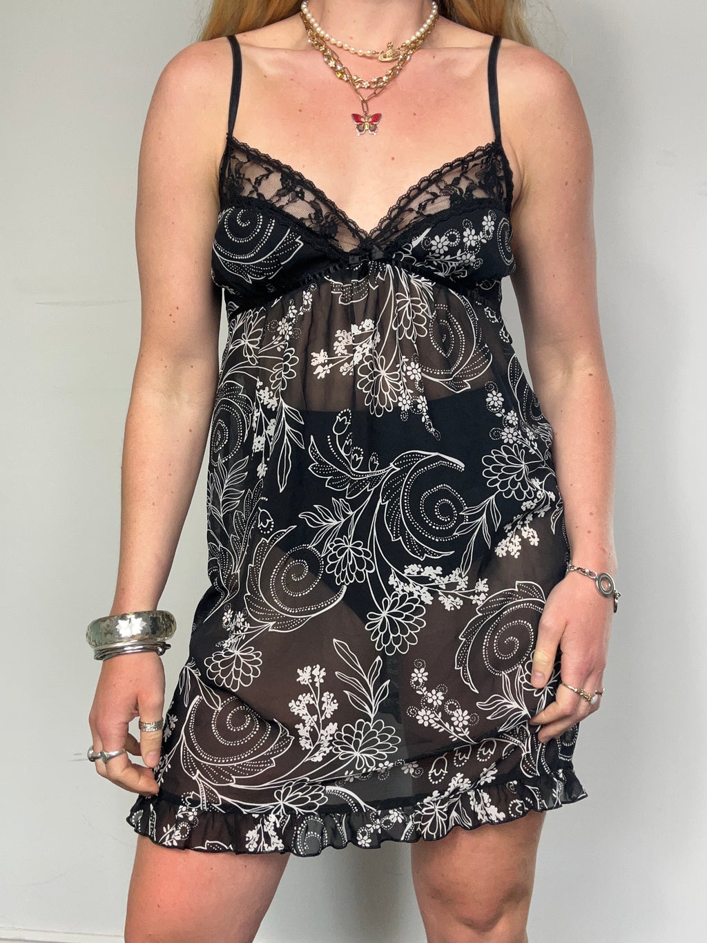 Black Printed Chiffon Mini Dress Size 10