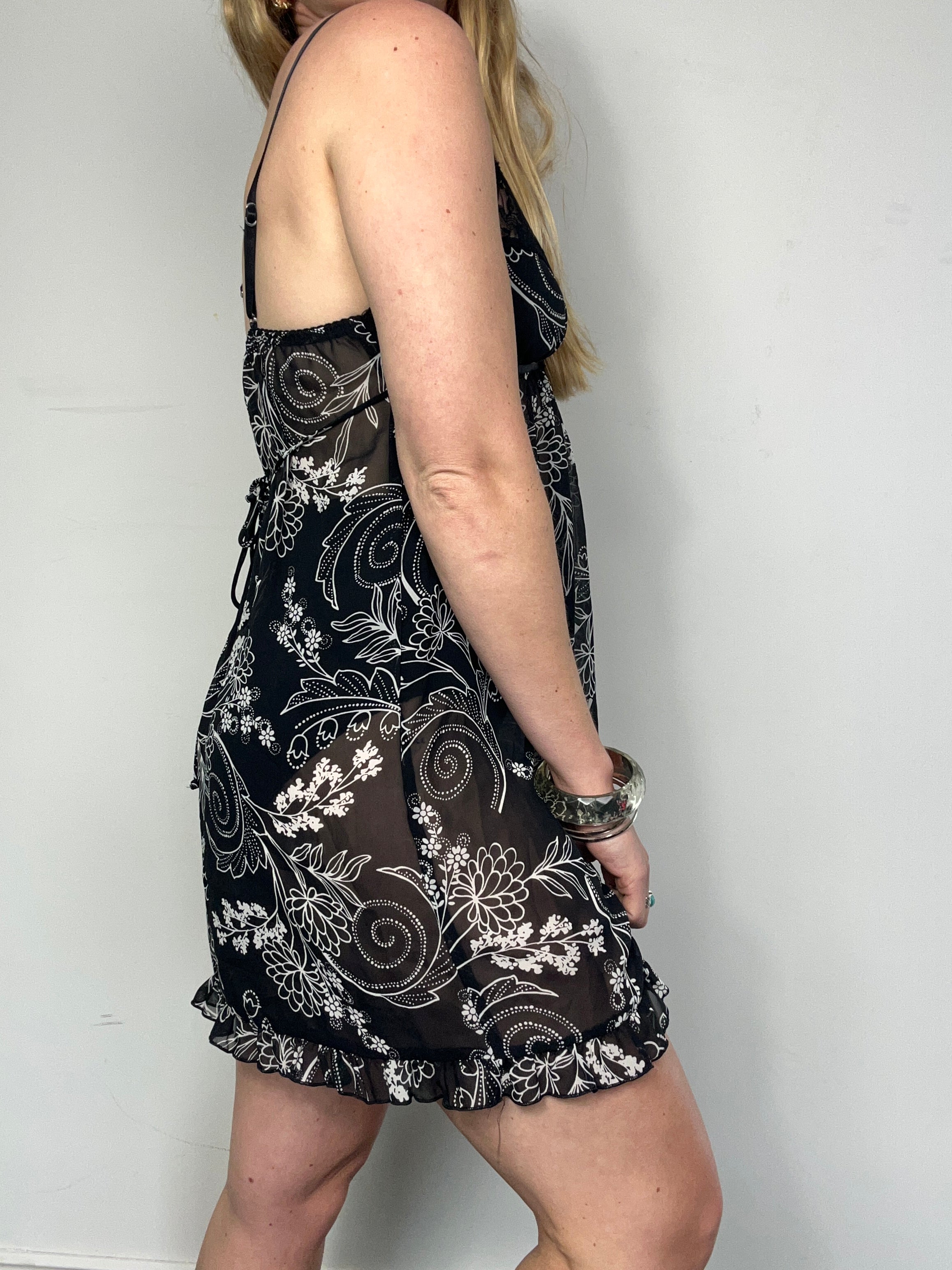 Black Printed Chiffon Mini Dress Size 10