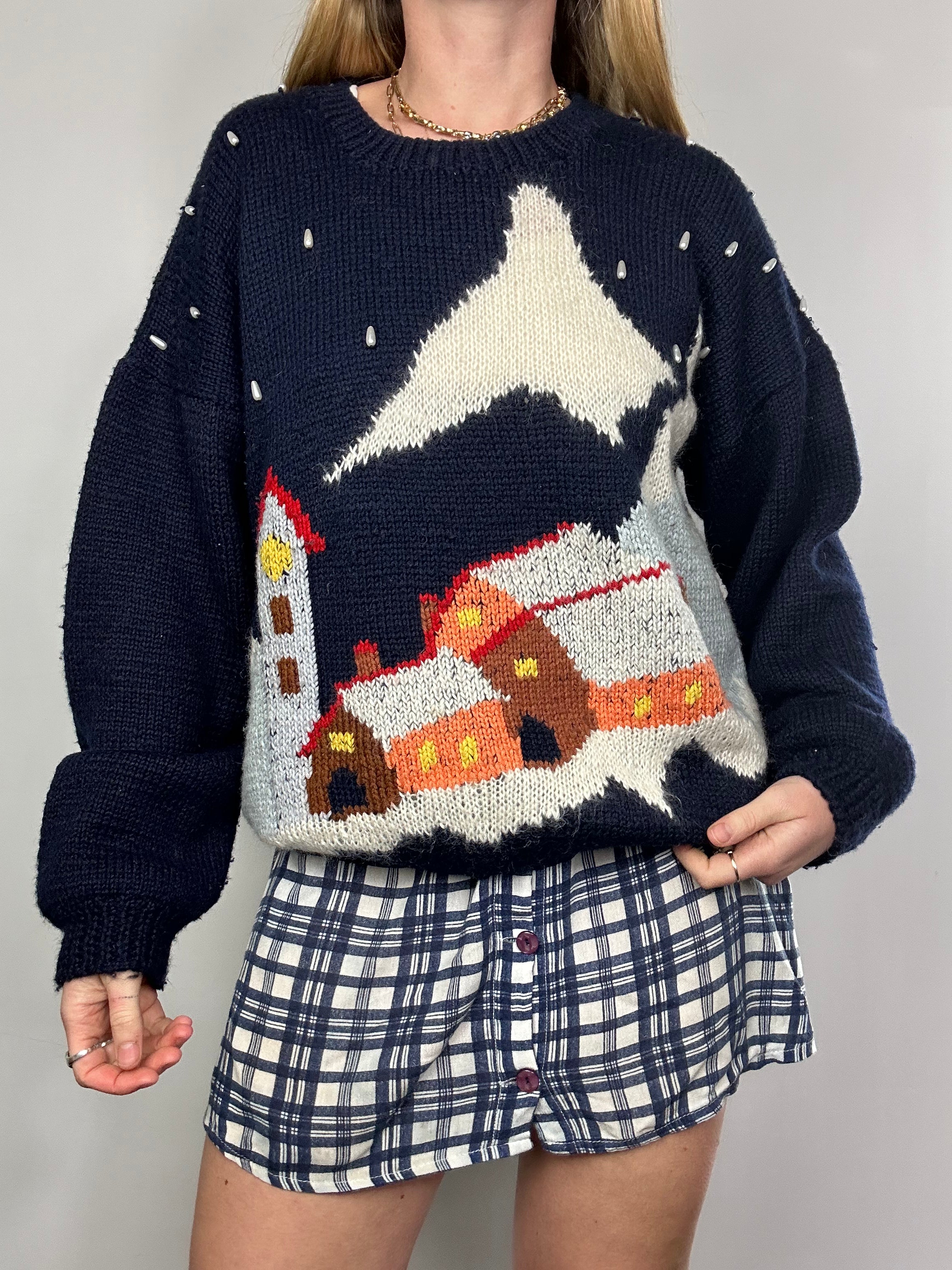 Snow Print Pearl Knit Sweater Size M