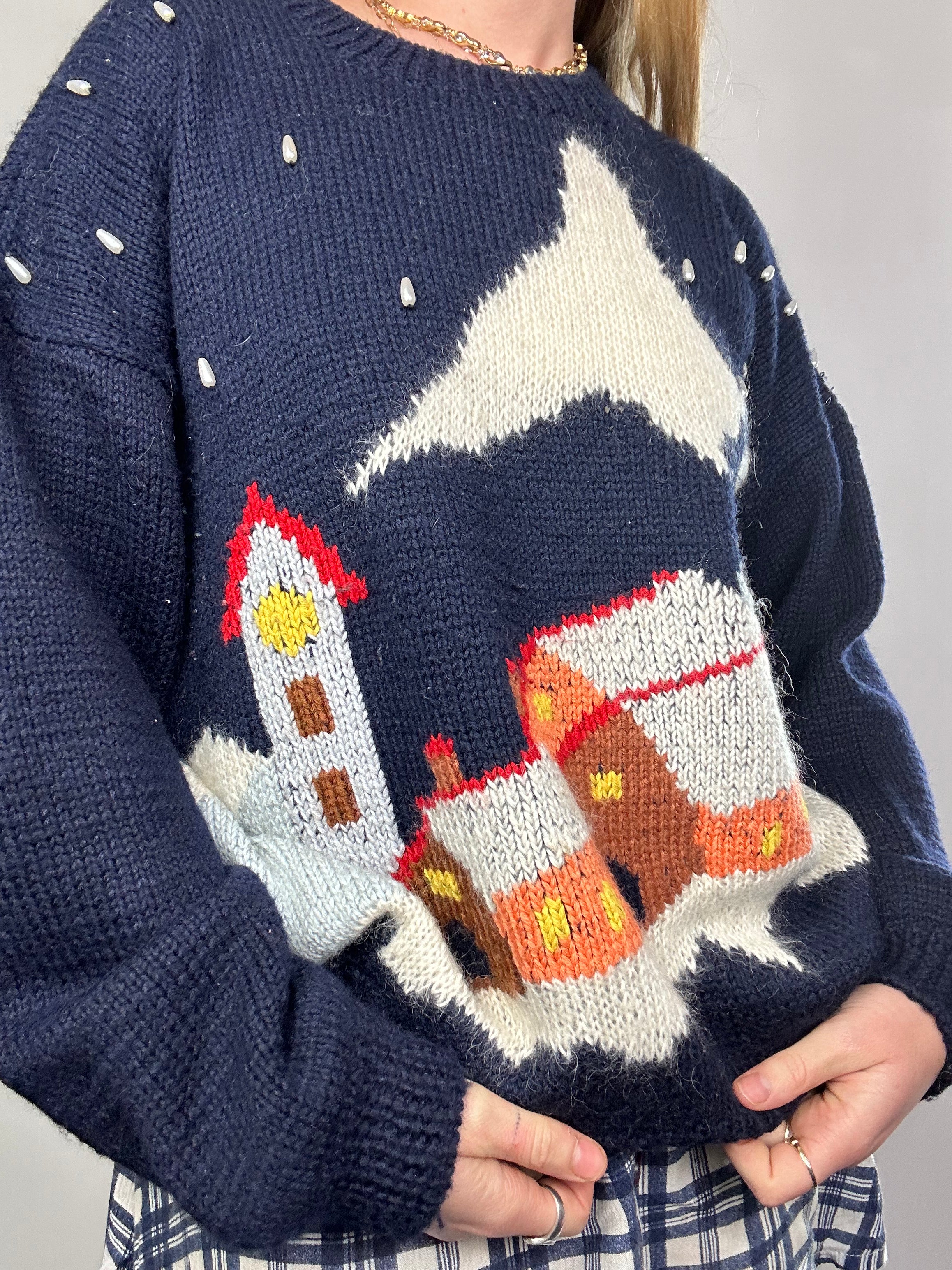 Snow Print Pearl Knit Sweater Size M