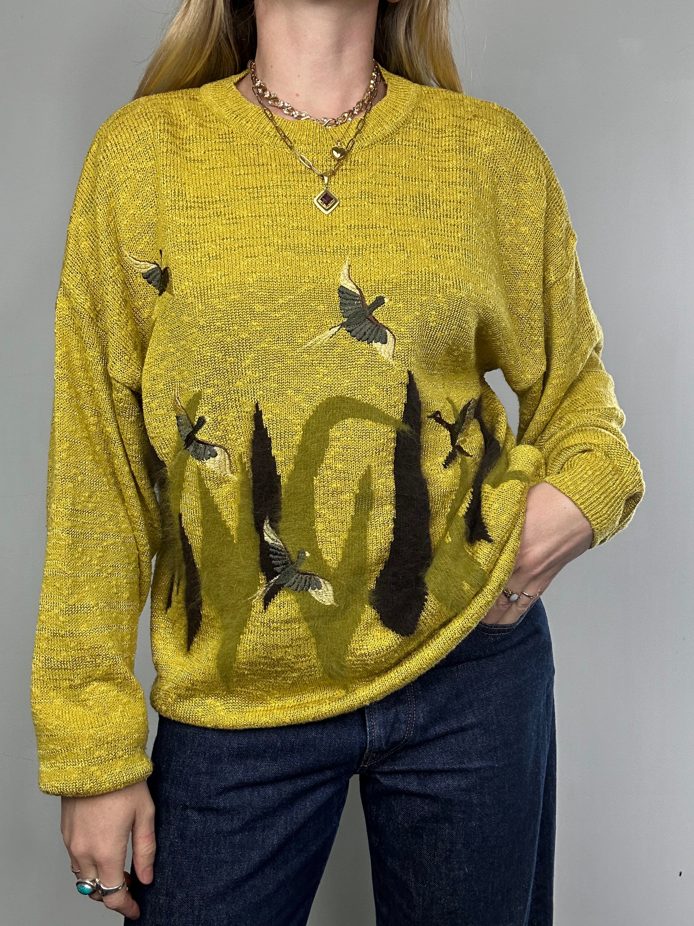 Mustard Bird Print Sweater Size L