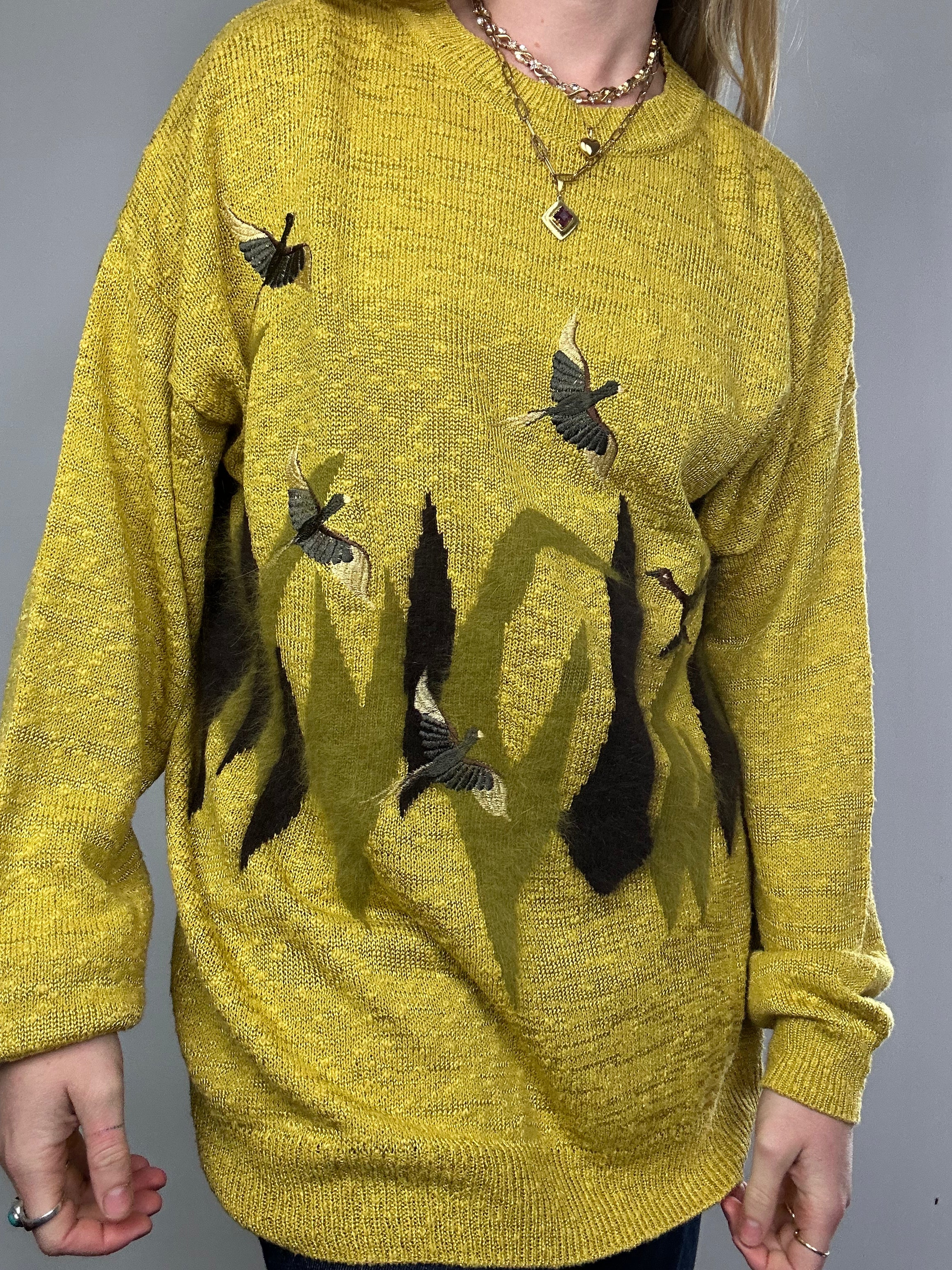 Mustard Bird Print Sweater Size L