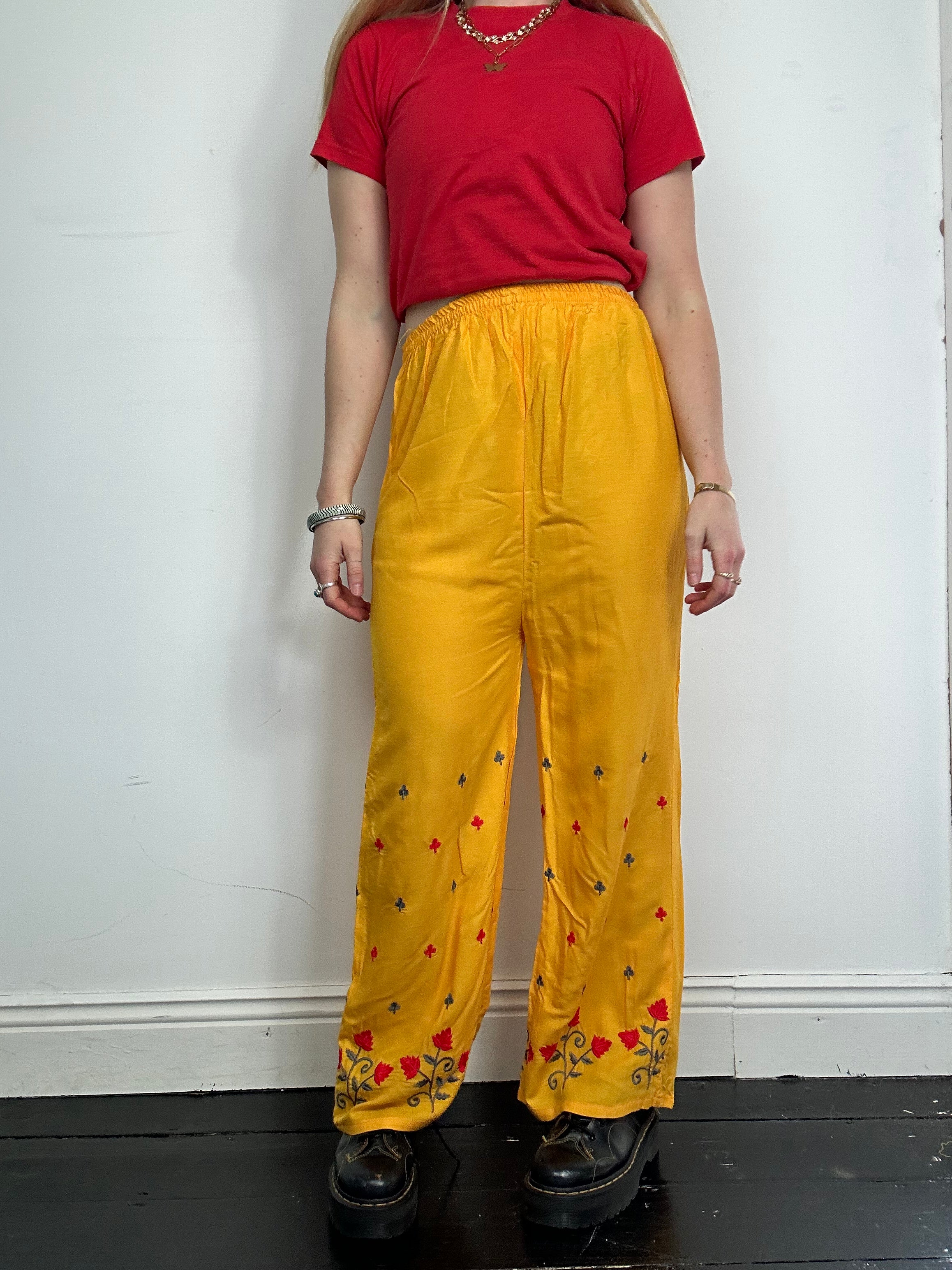 Yellow Embroidered Wide Leg Pant Size 12