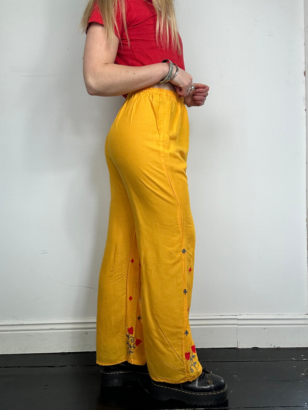 Yellow Embroidered Wide Leg Pant Size 12