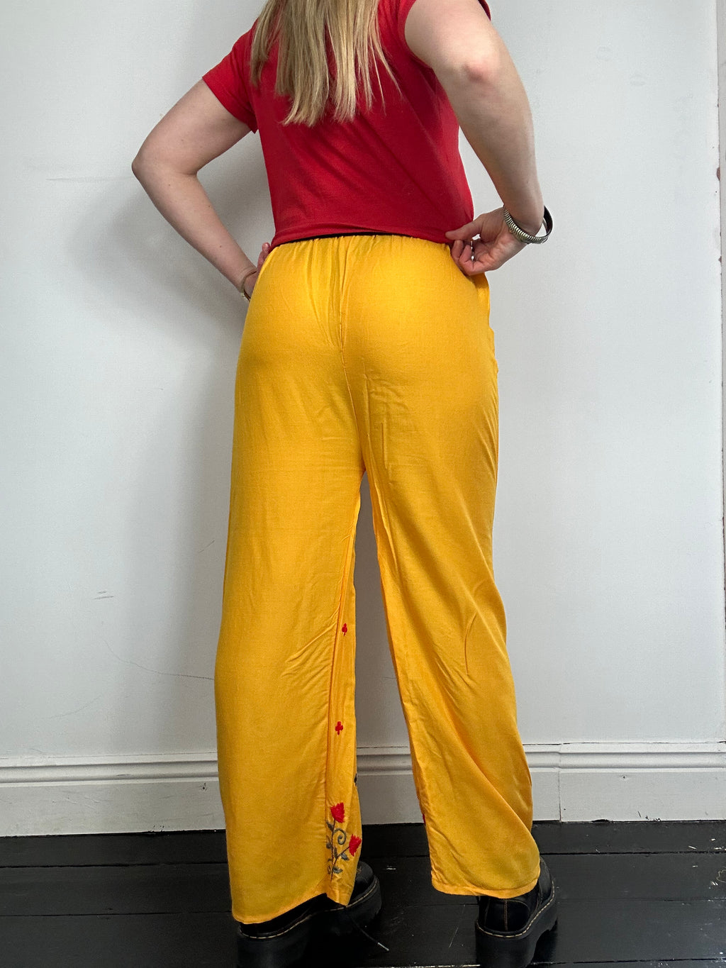 Yellow Embroidered Wide Leg Pant Size 12
