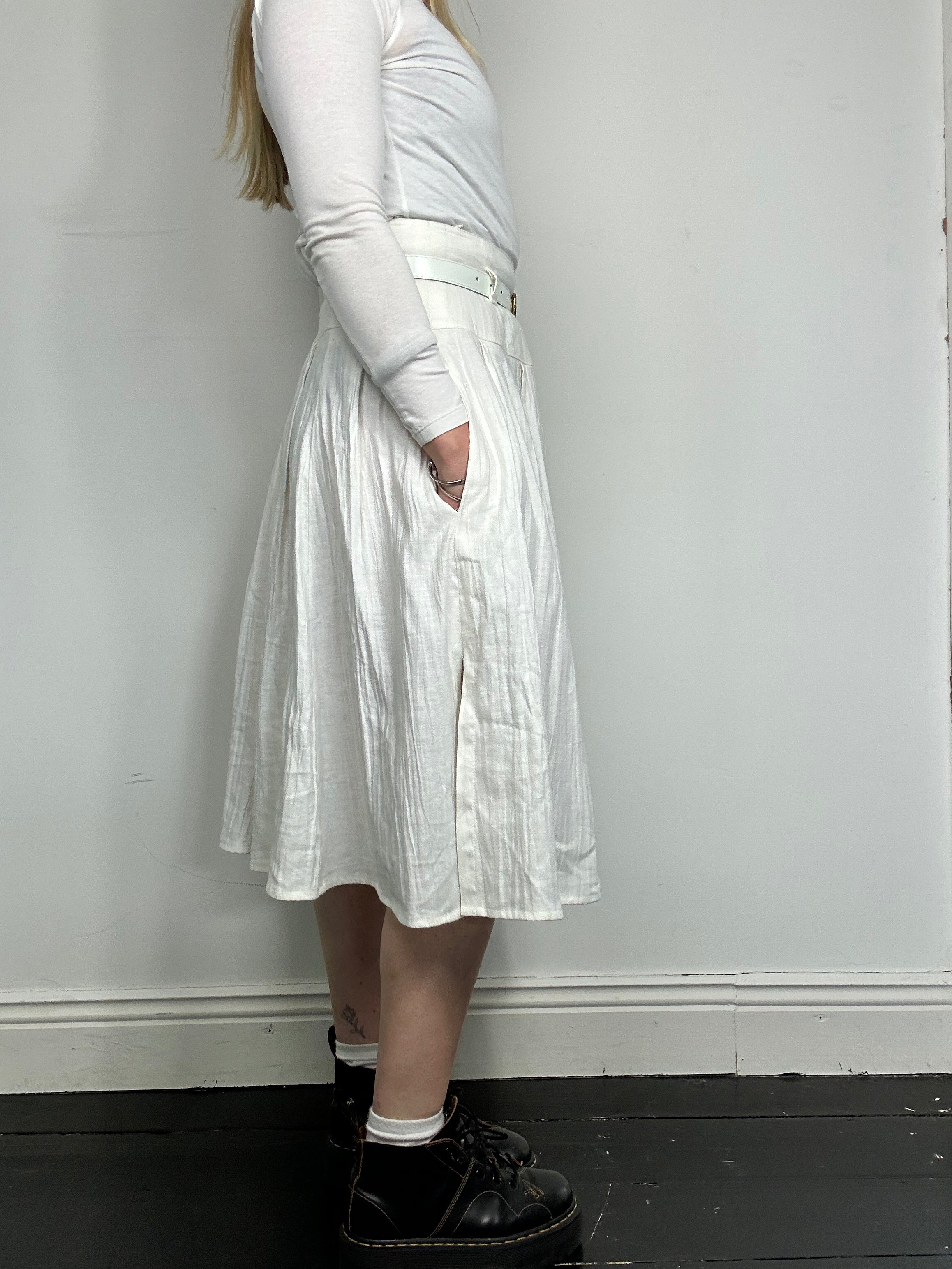 White Midi Skirt With Belt Size 8