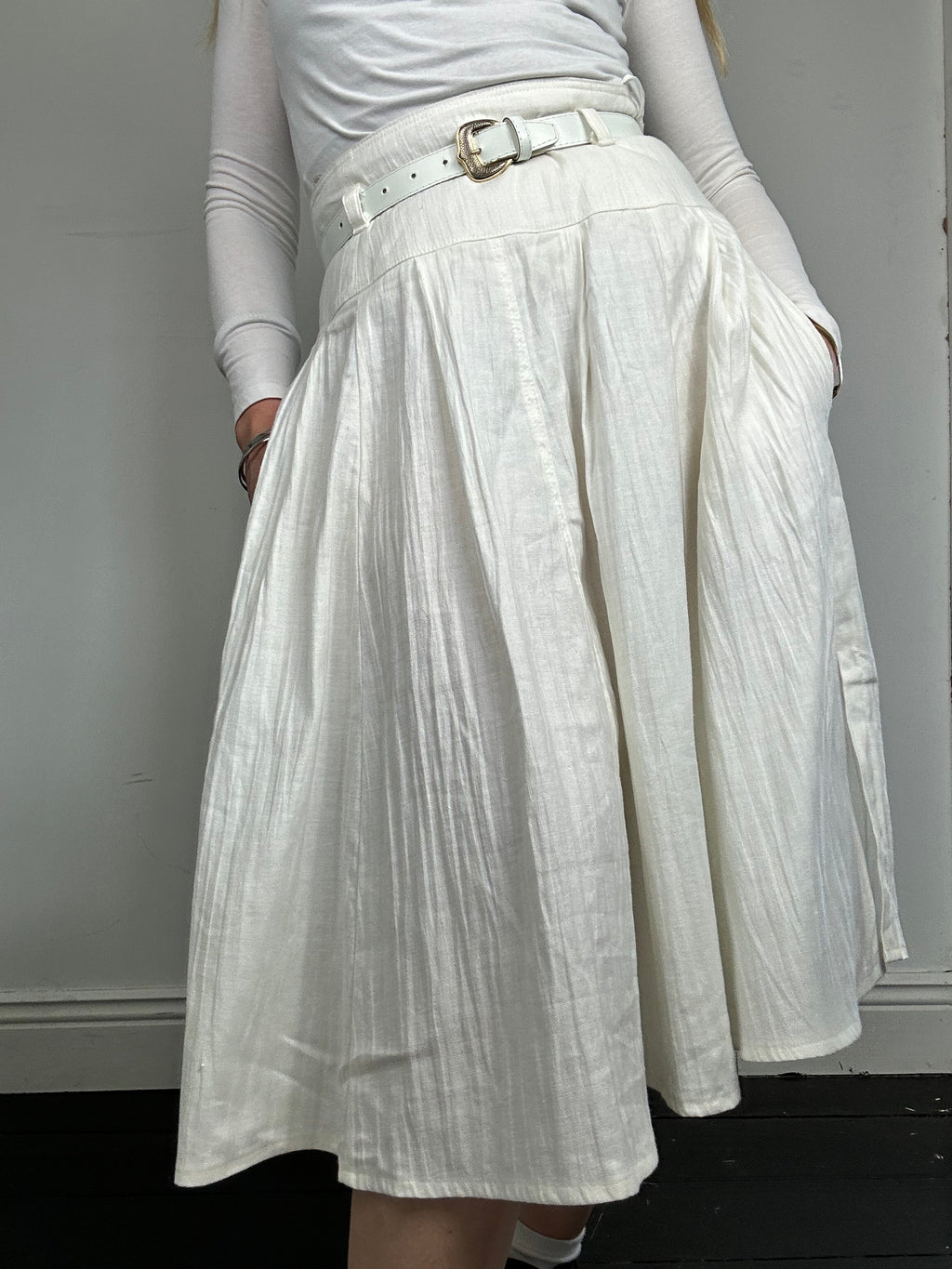 White Midi Skirt With Belt Size 8