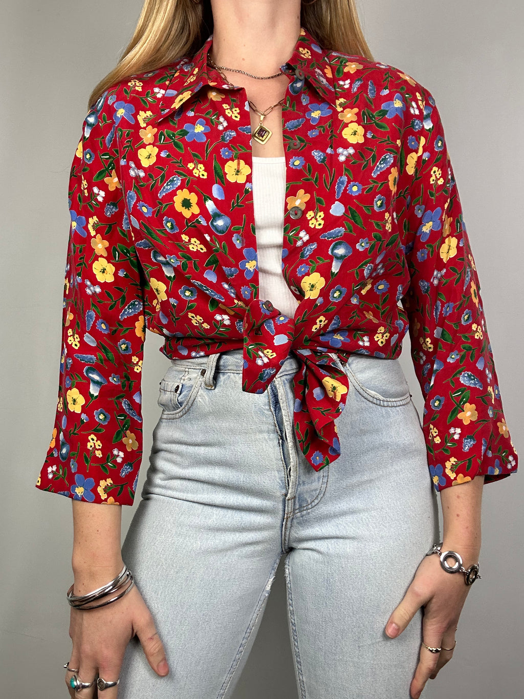 Red Floral Silk Shirt Size 10