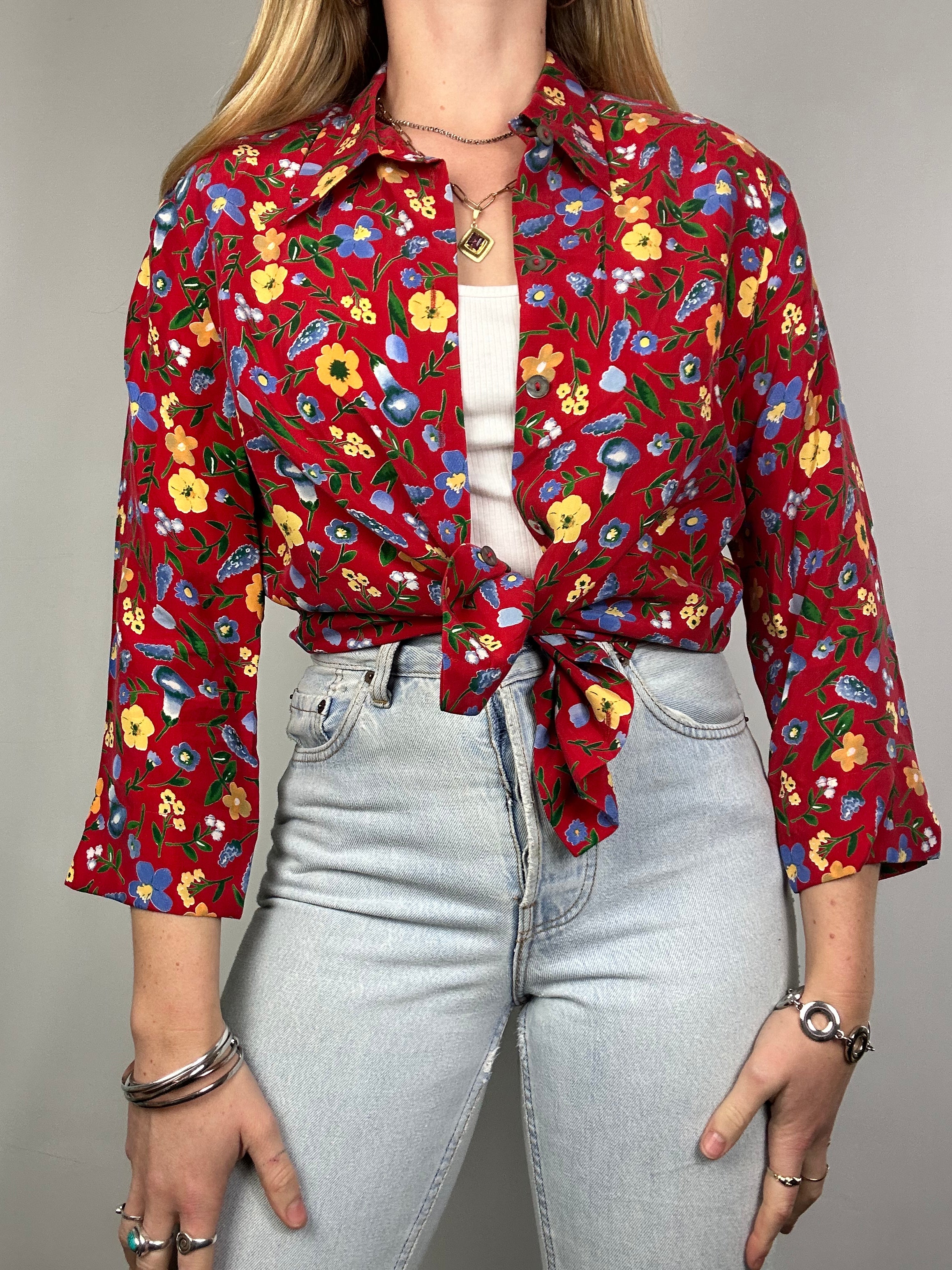 Red Floral Silk Shirt Size 10