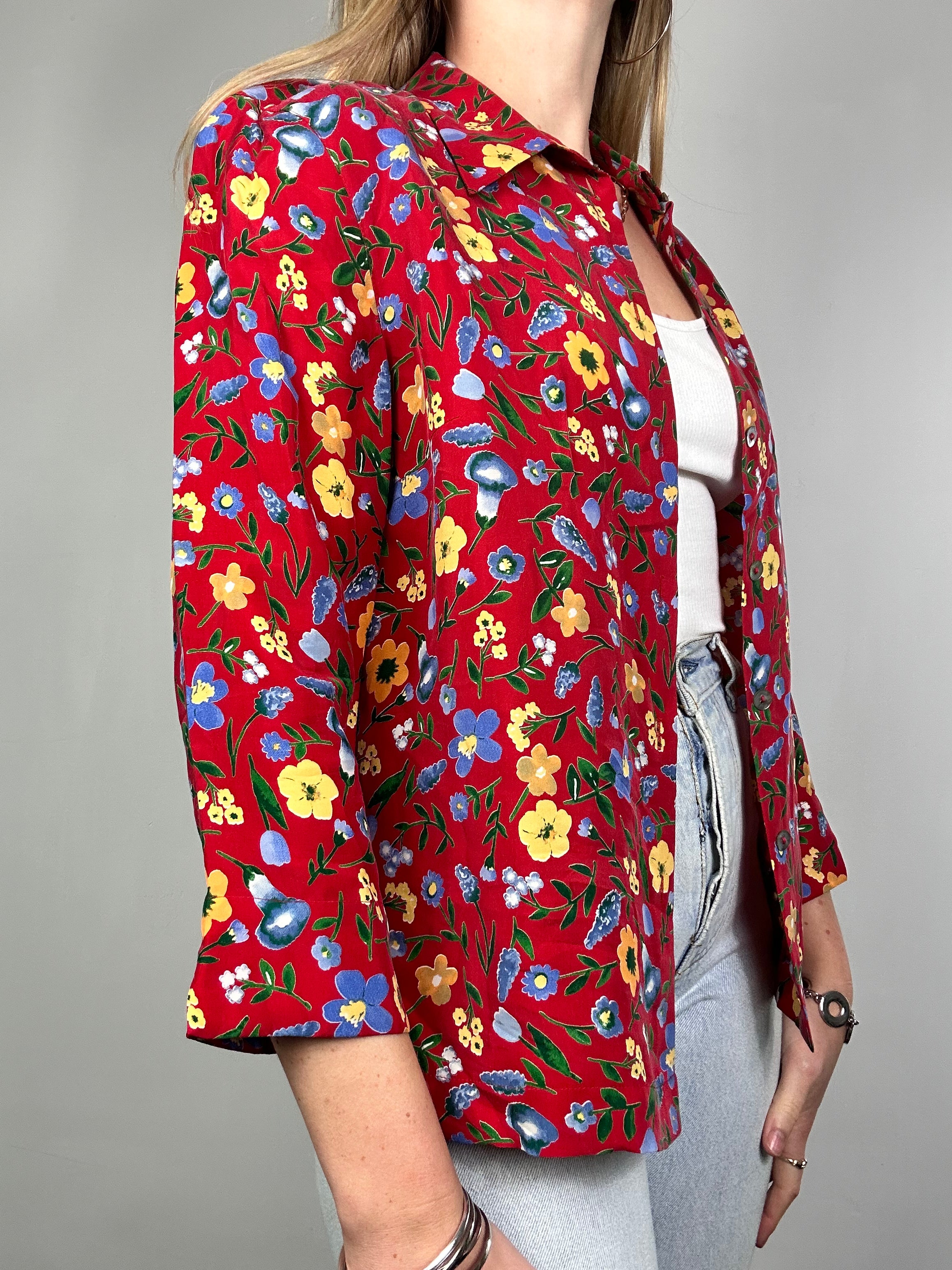 Red Floral Silk Shirt Size 10