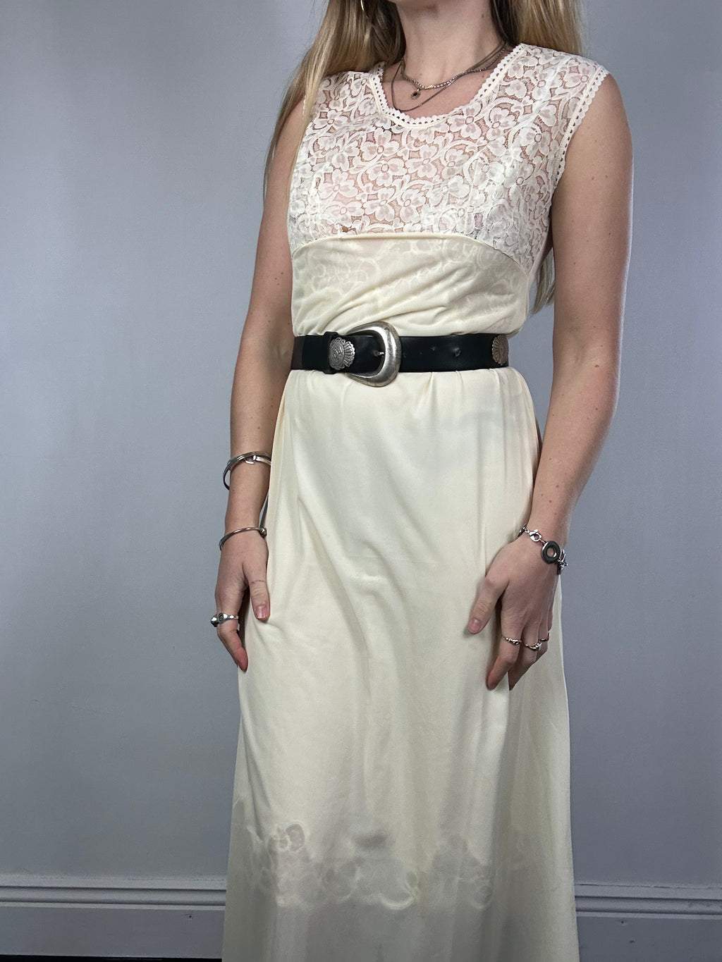 Sheer 70's Lemon Lace Sheer Slip Dress Size 10/12