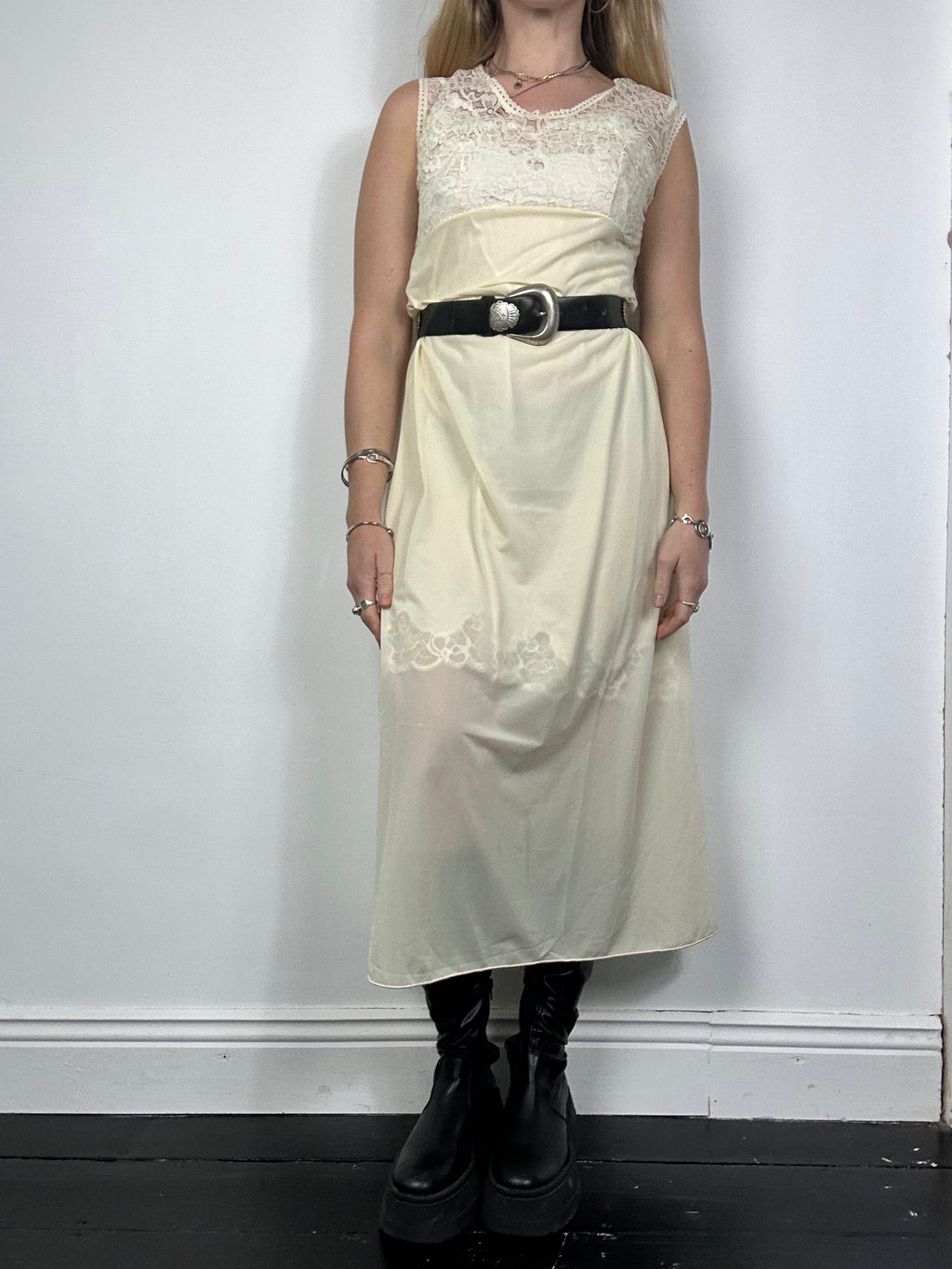 Sheer 70's Lemon Lace Sheer Slip Dress Size 10/12