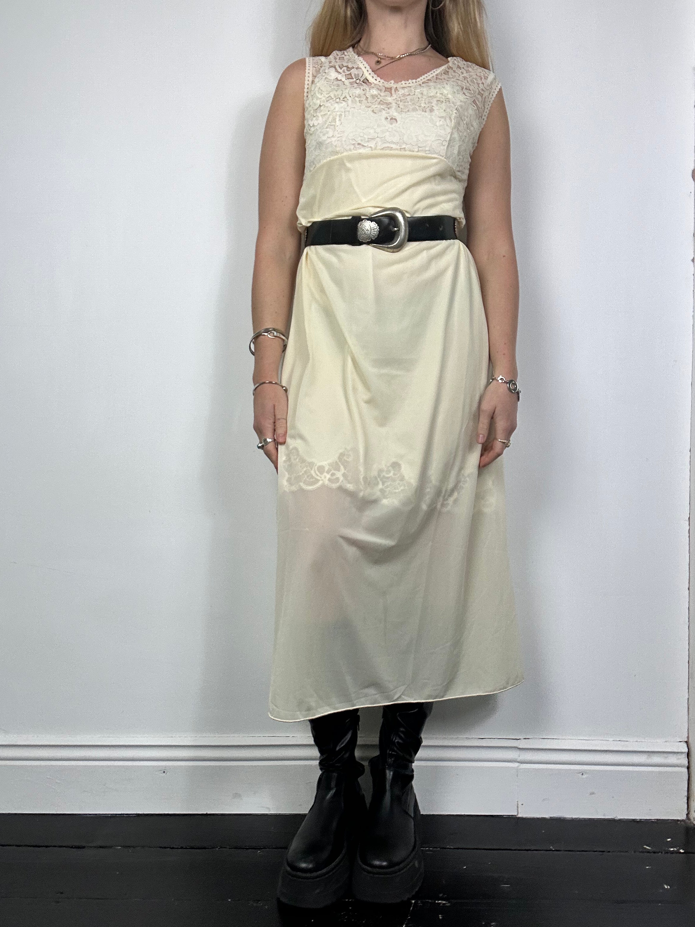 Sheer 70's Lemon Lace Sheer Slip Dress Size 10/12