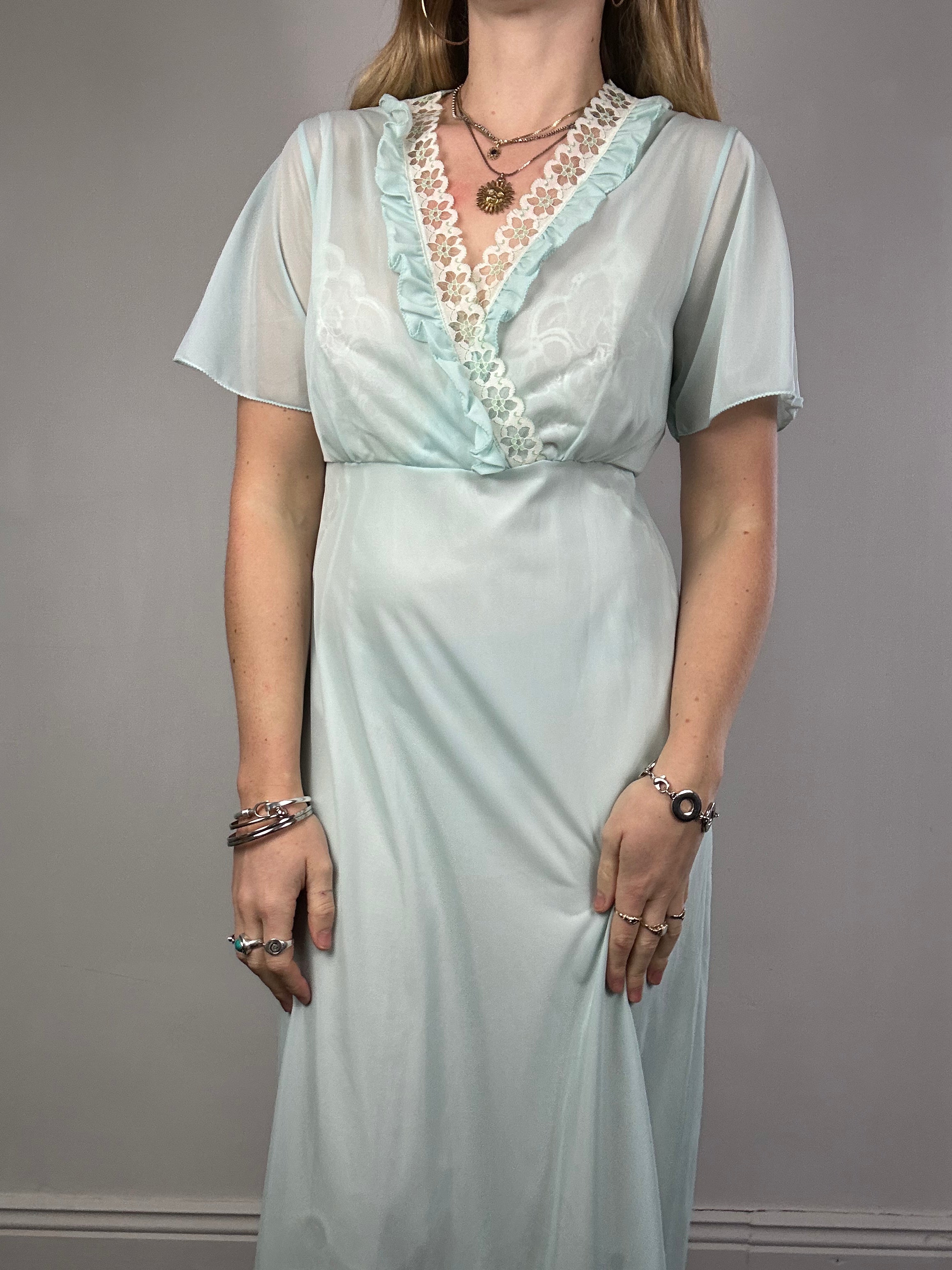 Mint Sheer 1970's Lace trim Dress Size 10