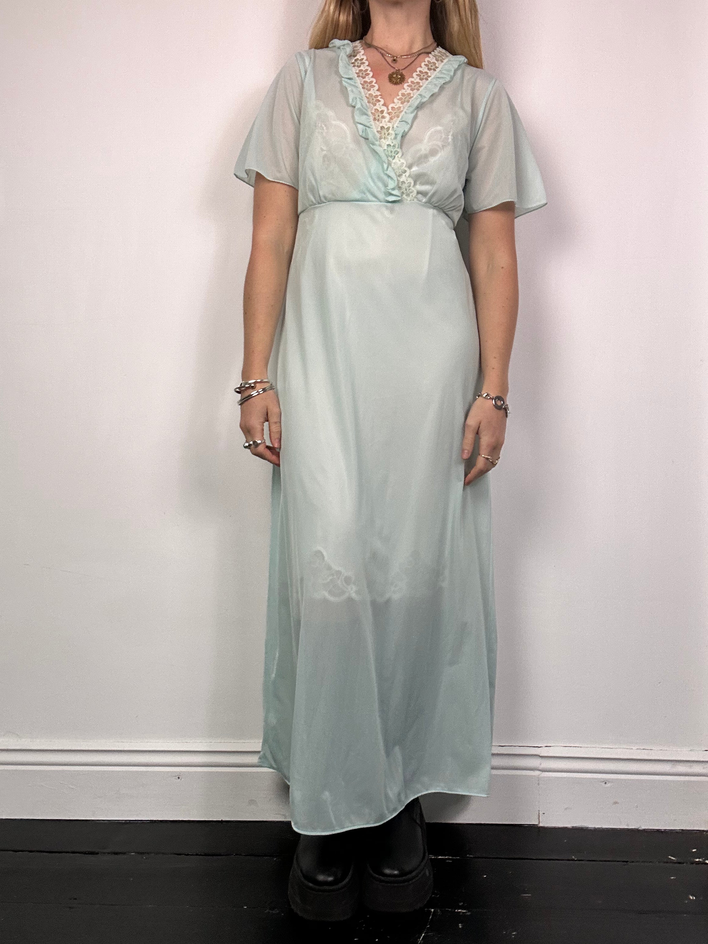 Mint Sheer 1970's Lace trim Dress Size 10