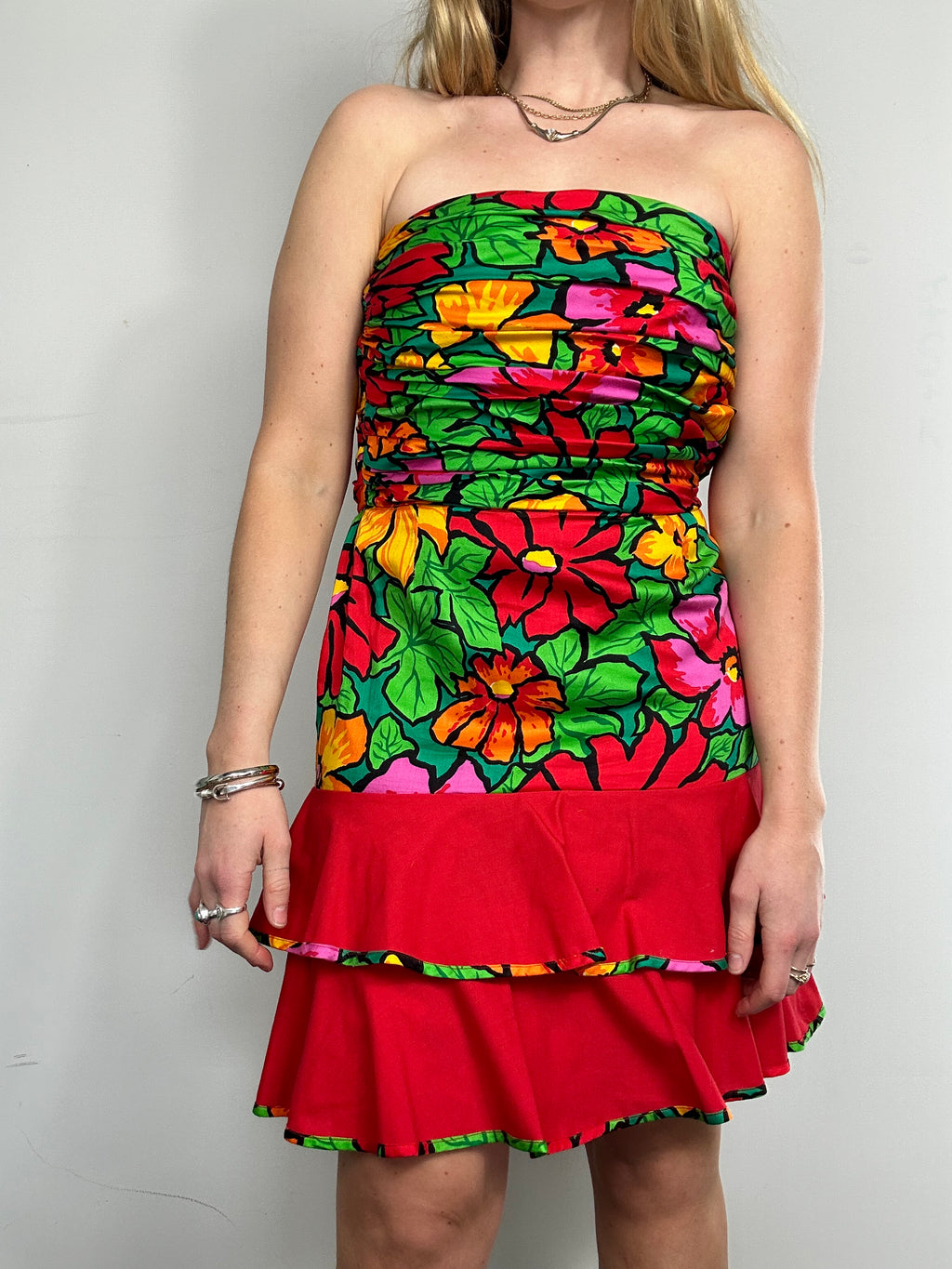 80's Floral Ruffle Mini Dress Size 8