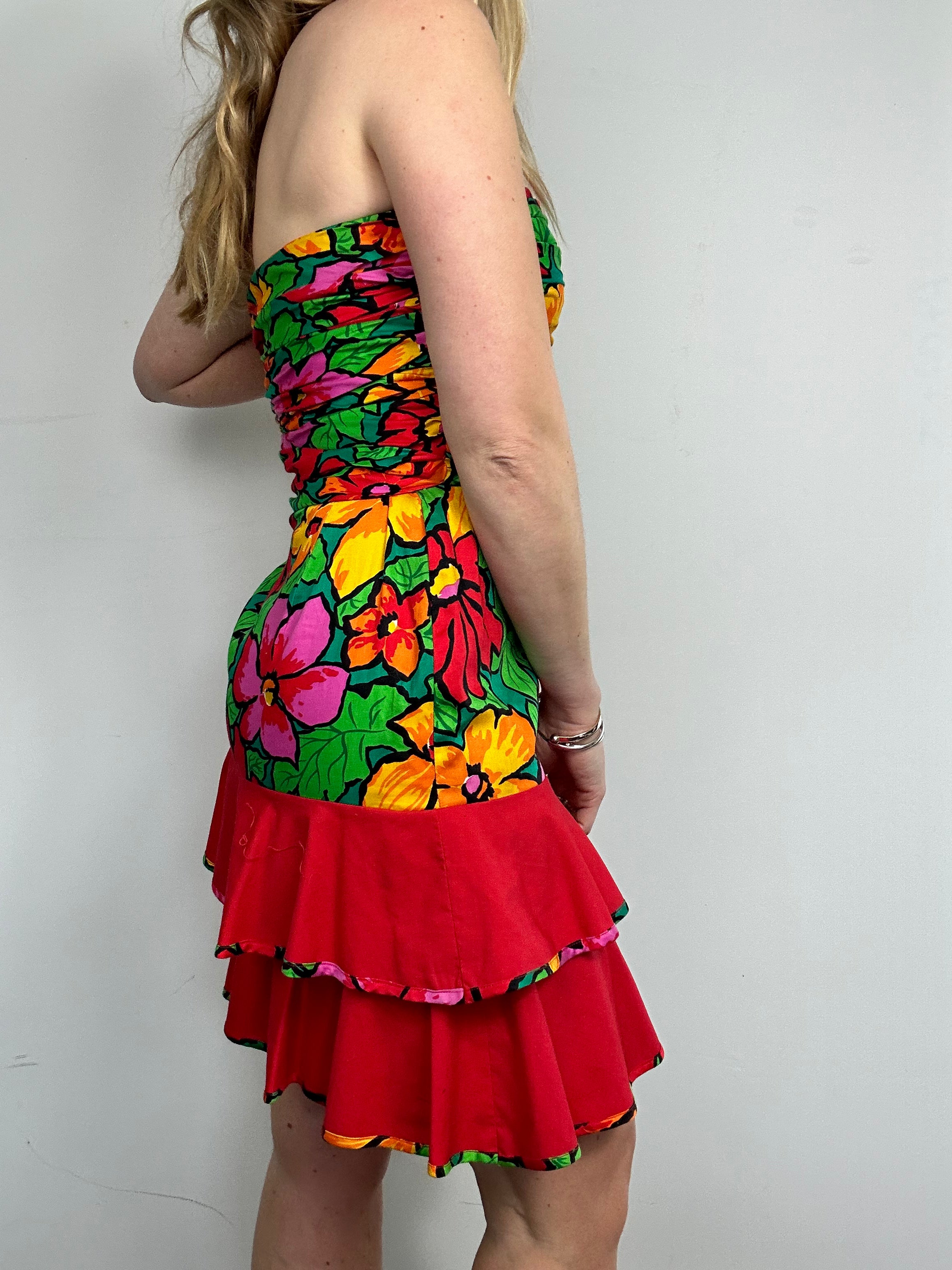 80's Floral Ruffle Mini Dress Size 8