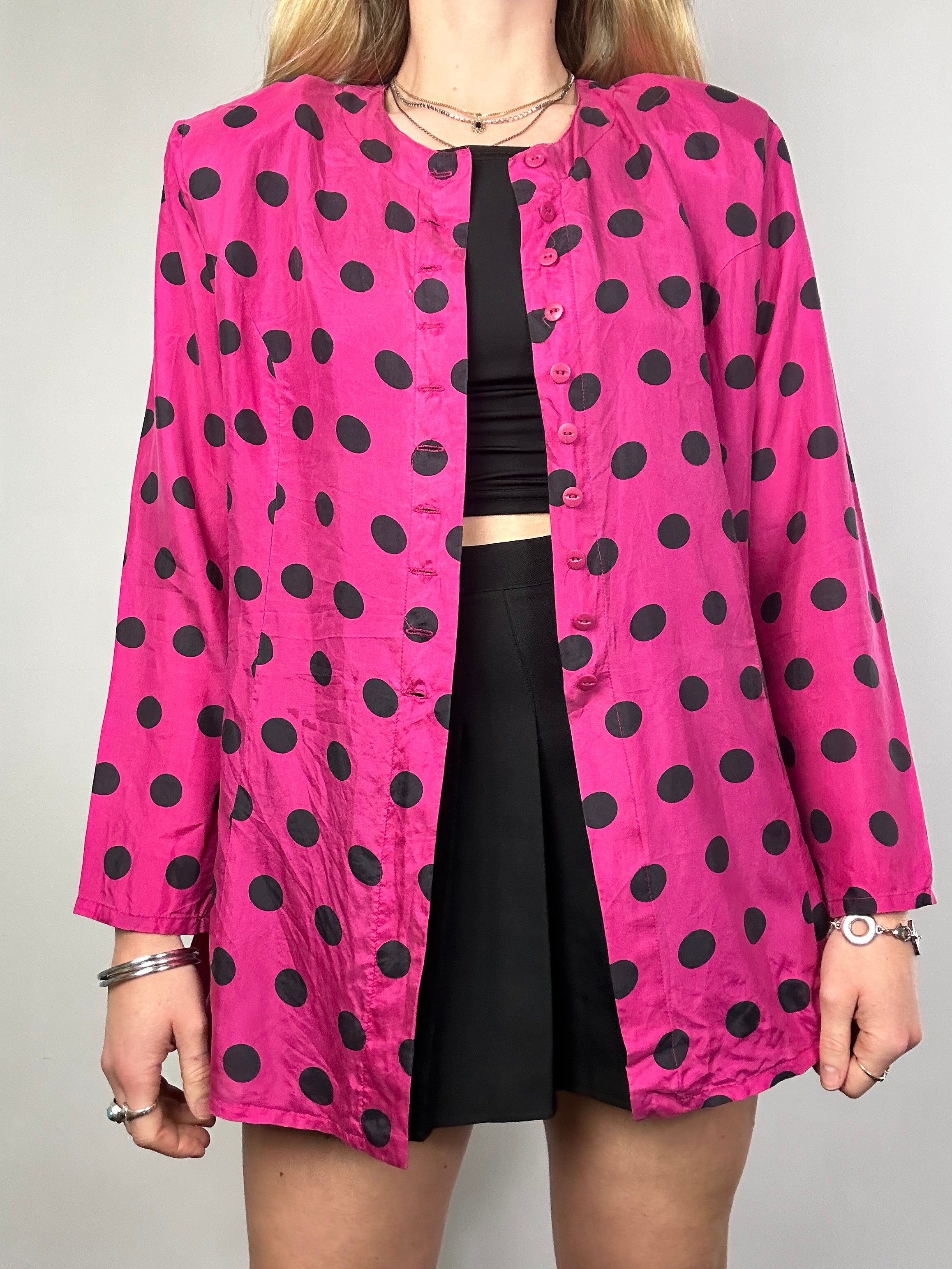 Silk Pink Polkadot 80's Shirt Size 14