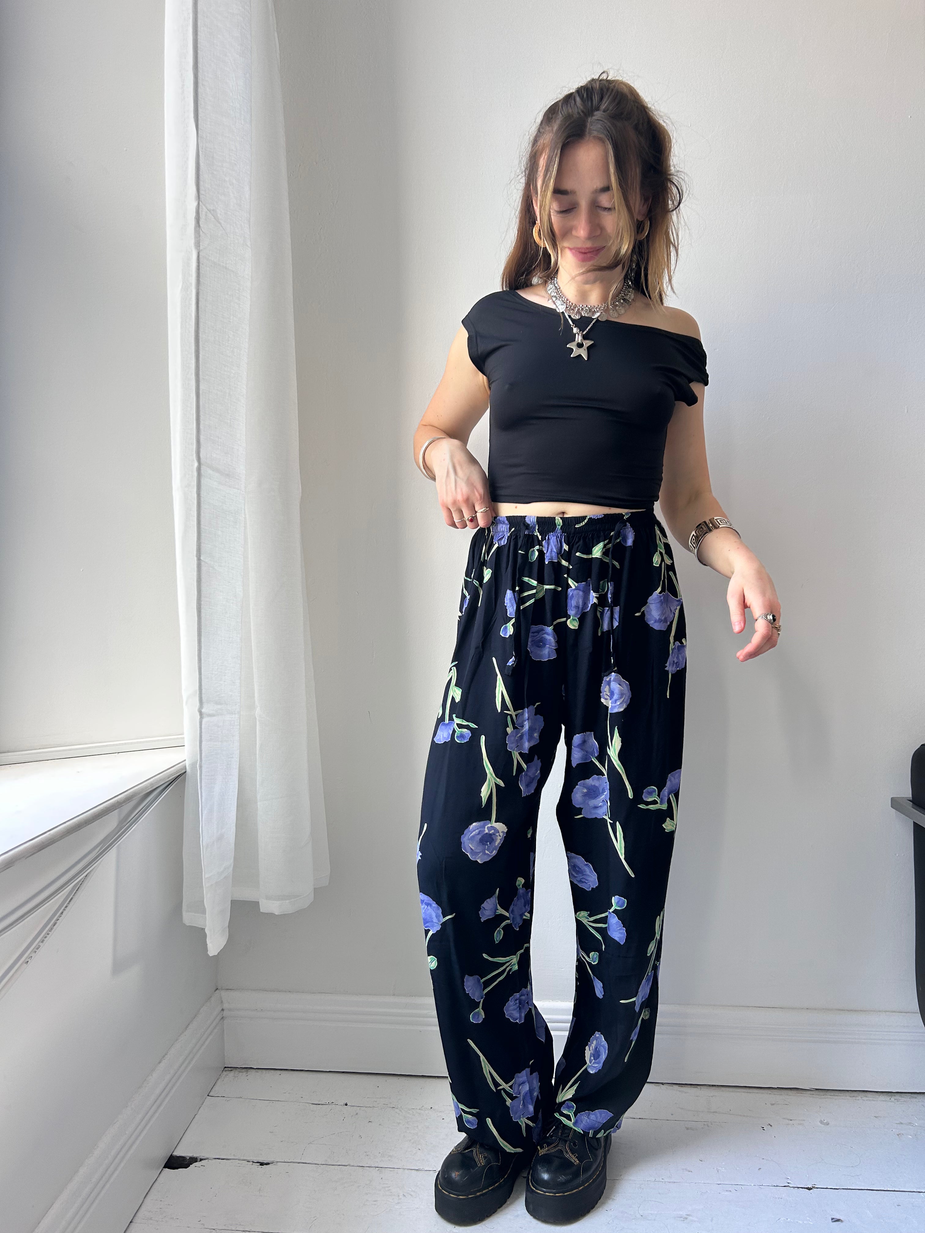 Purple Floral Wide Leg Pants Size 10