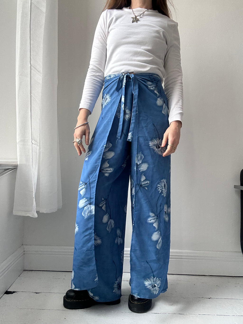 Blue Floral Wrap Pants Free Size
