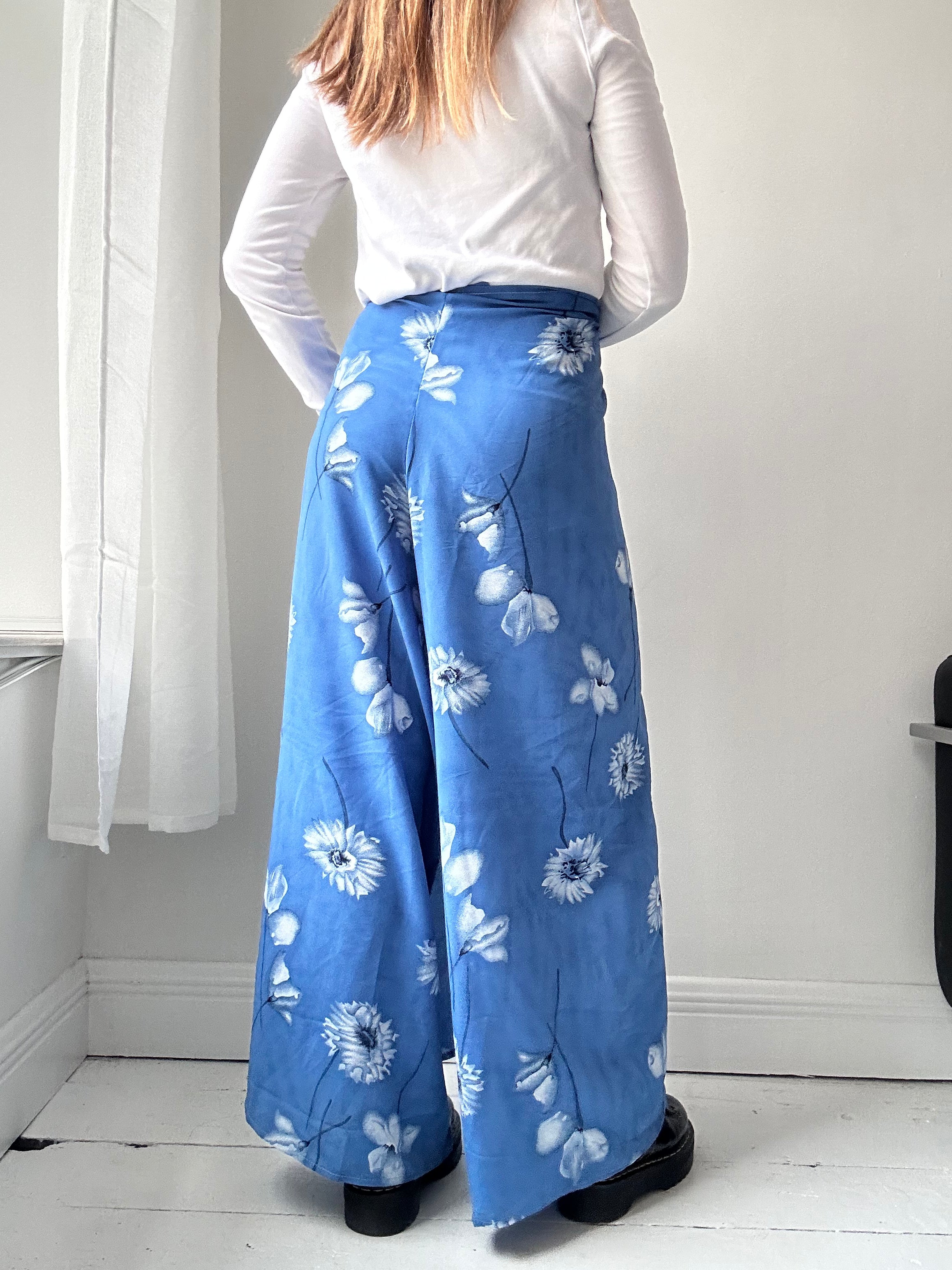 Blue Floral Wrap Pants Free Size