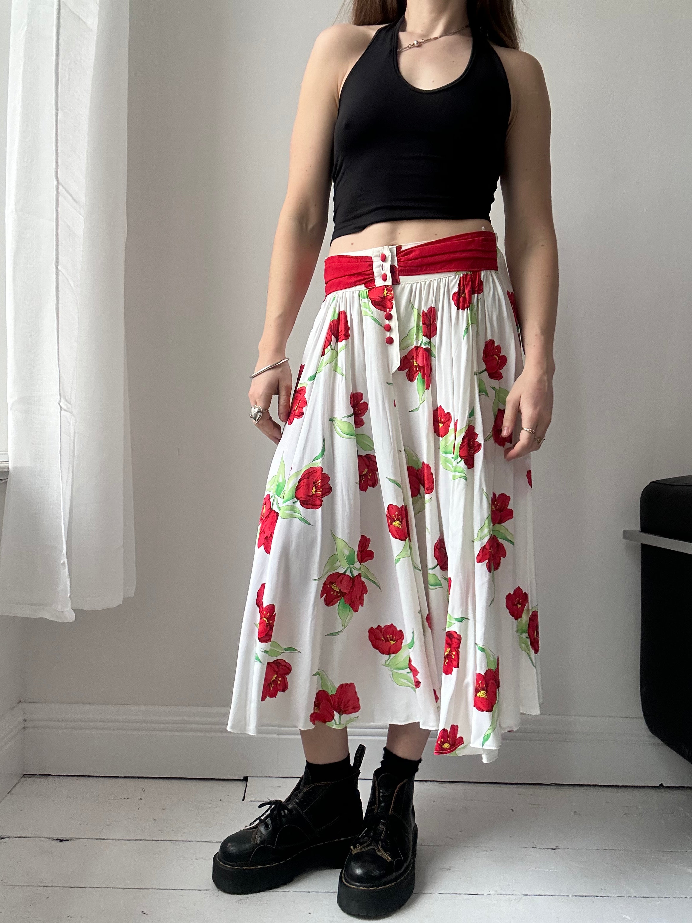 Red Flroal Midi Skirt Size 8