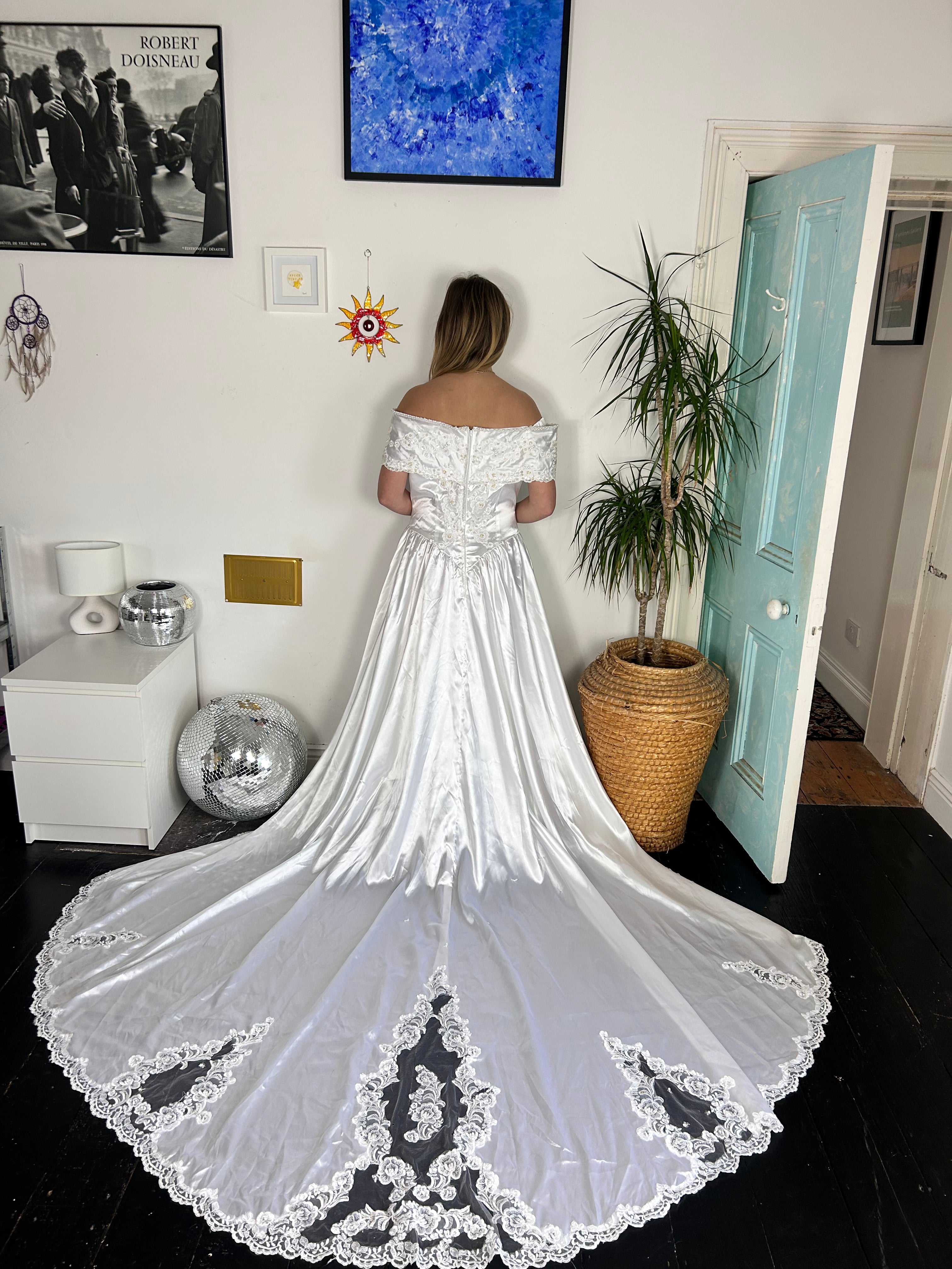 1980's Off the Shoulder Beaded Wedding Dress Size 12