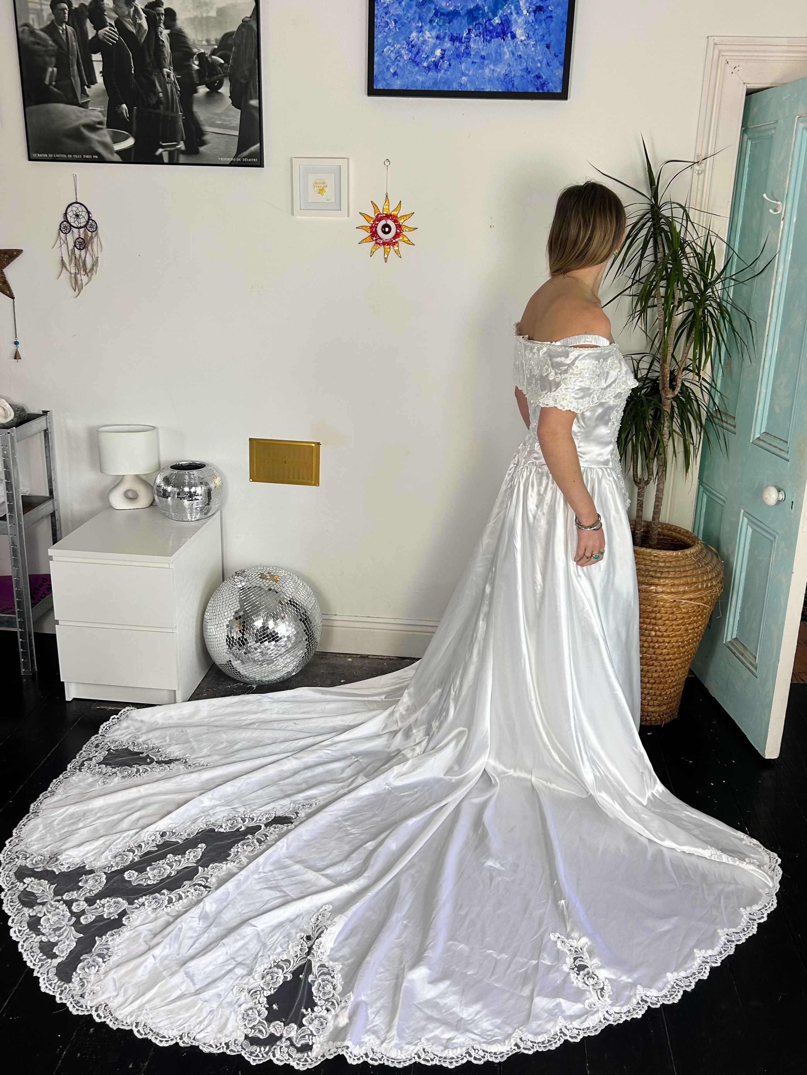 1980's Off the Shoulder Beaded Wedding Dress Size 12