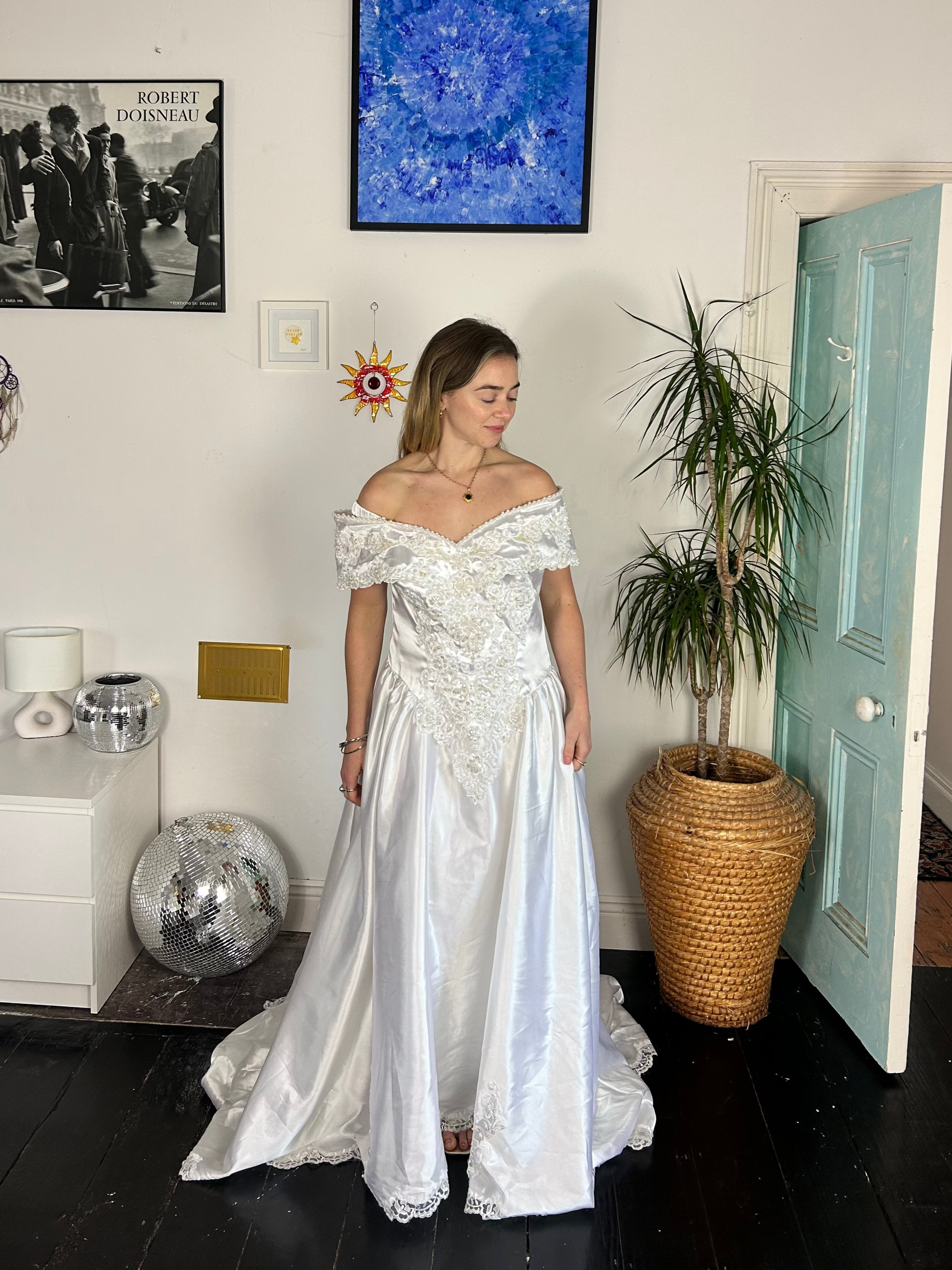 1980's Off the Shoulder Beaded Wedding Dress Size 12