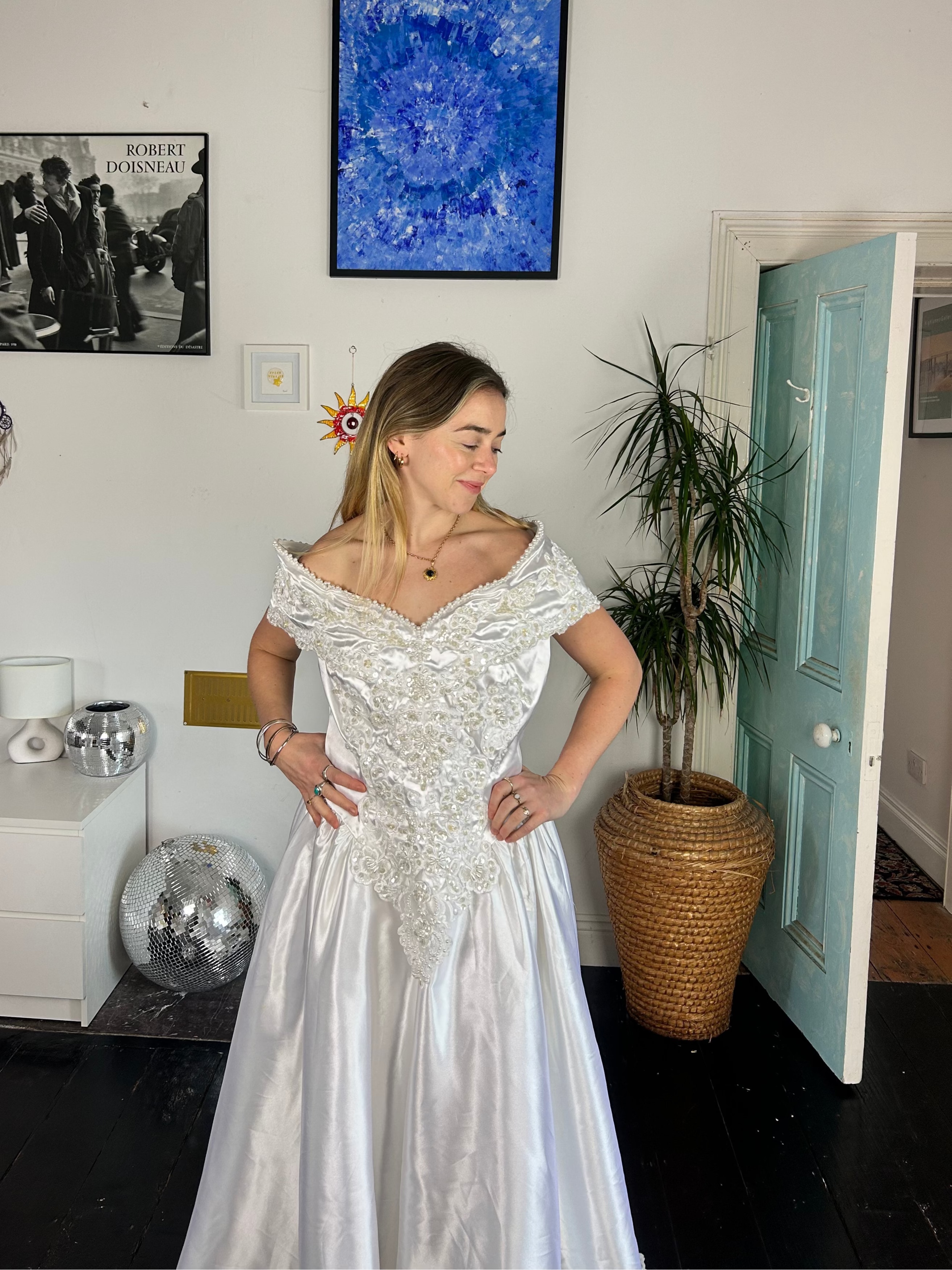 1980's Off the Shoulder Beaded Wedding Dress Size 12