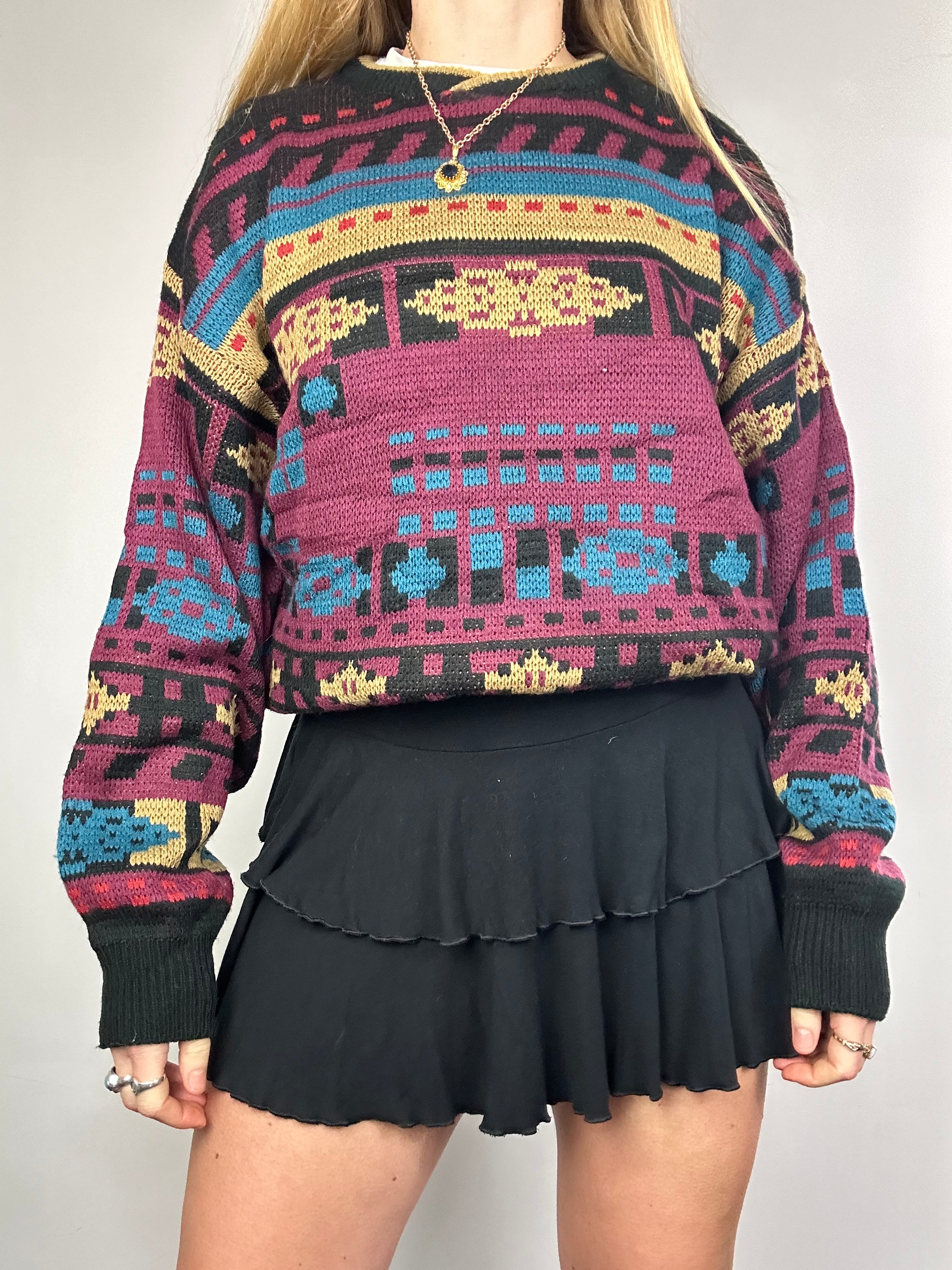 Wine Geo print 80's Knit Sweater Size M