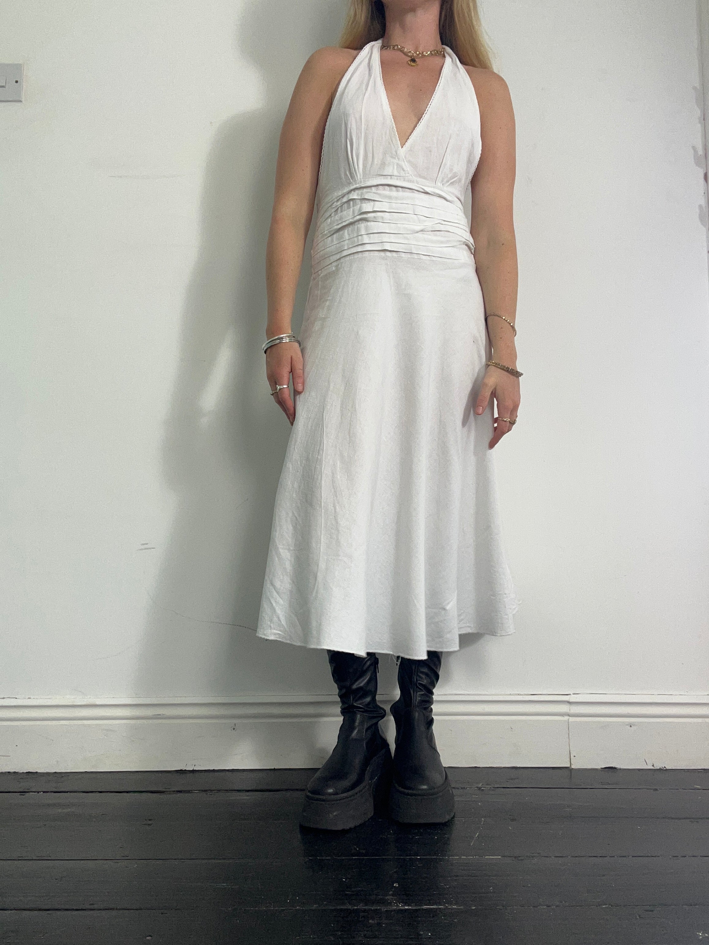 White Halter Neck Linen 90's Dress Size 8