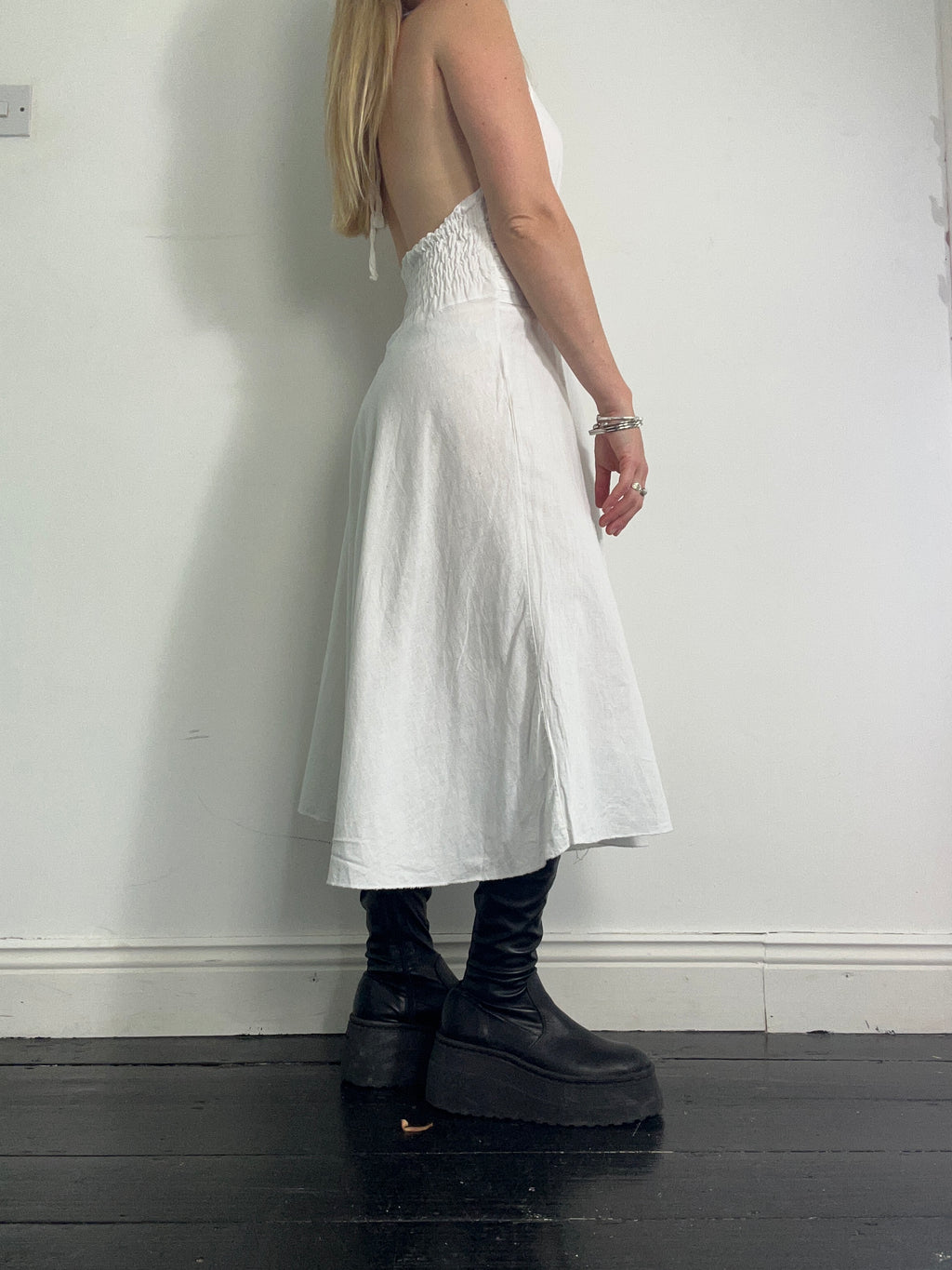 White Halter Neck Linen 90's Dress Size 8