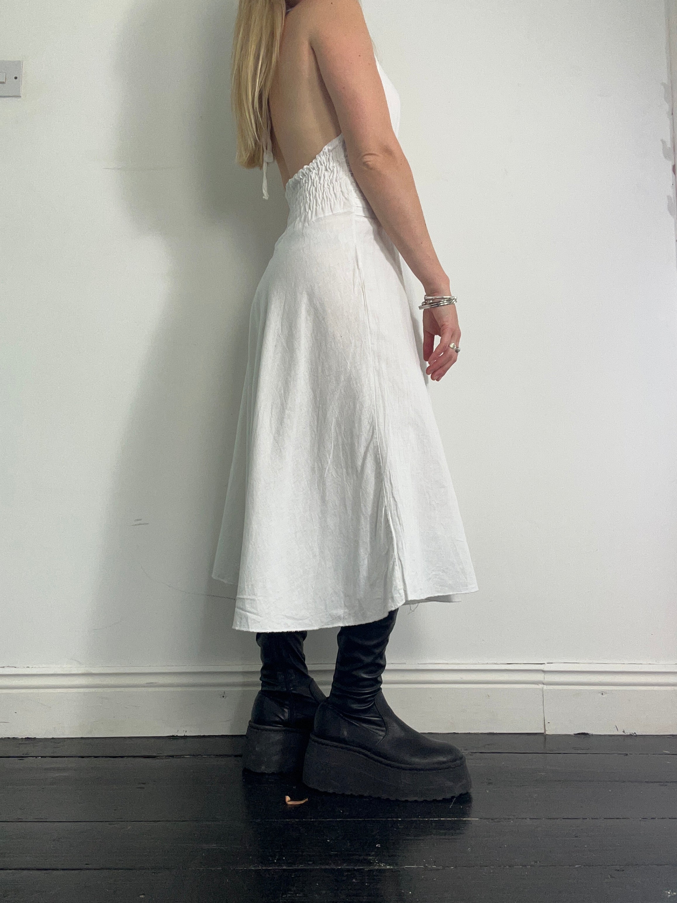 White Halter Neck Linen 90's Dress Size 8