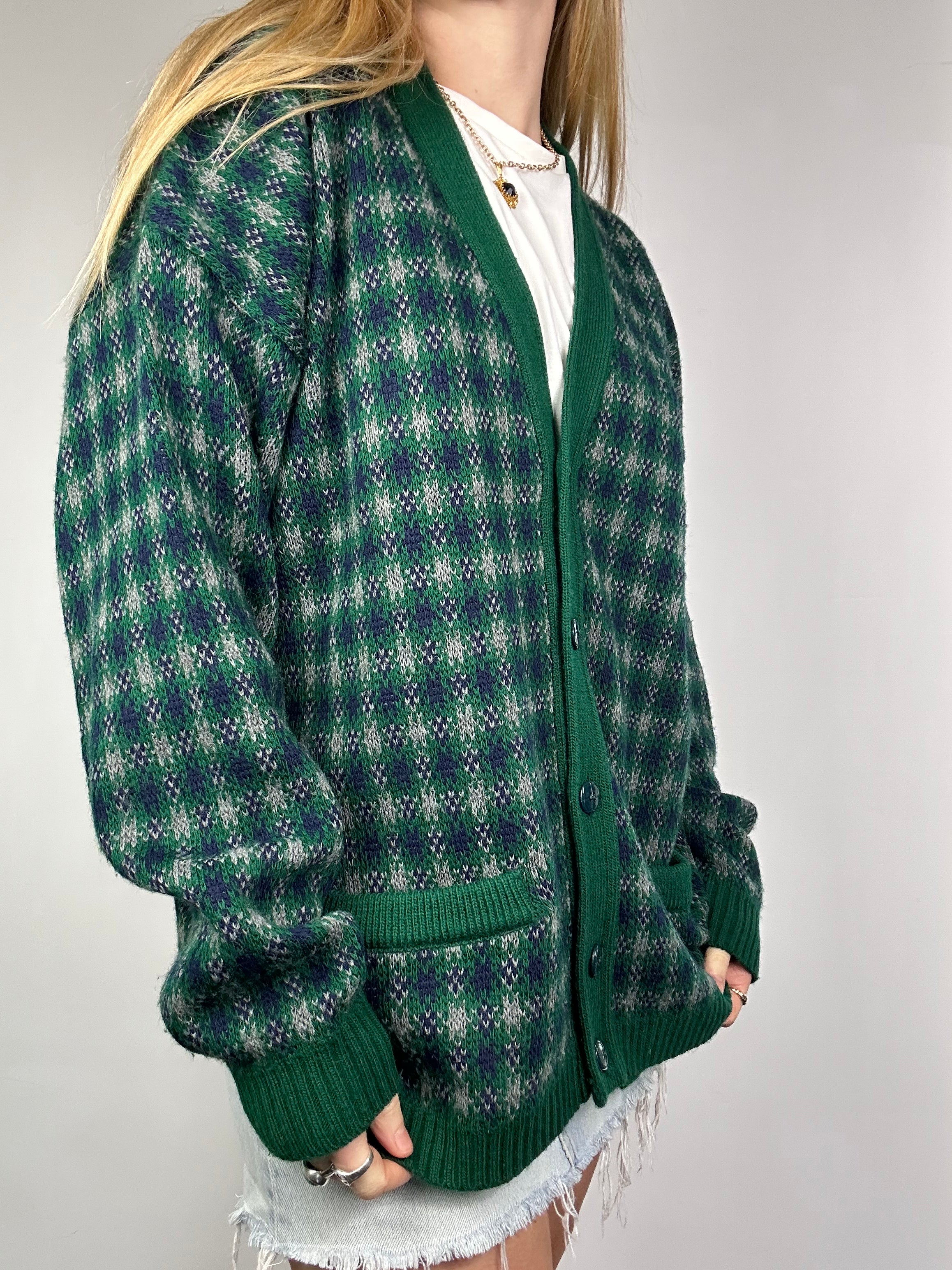 Green Tartan Knit Cardigan Size L