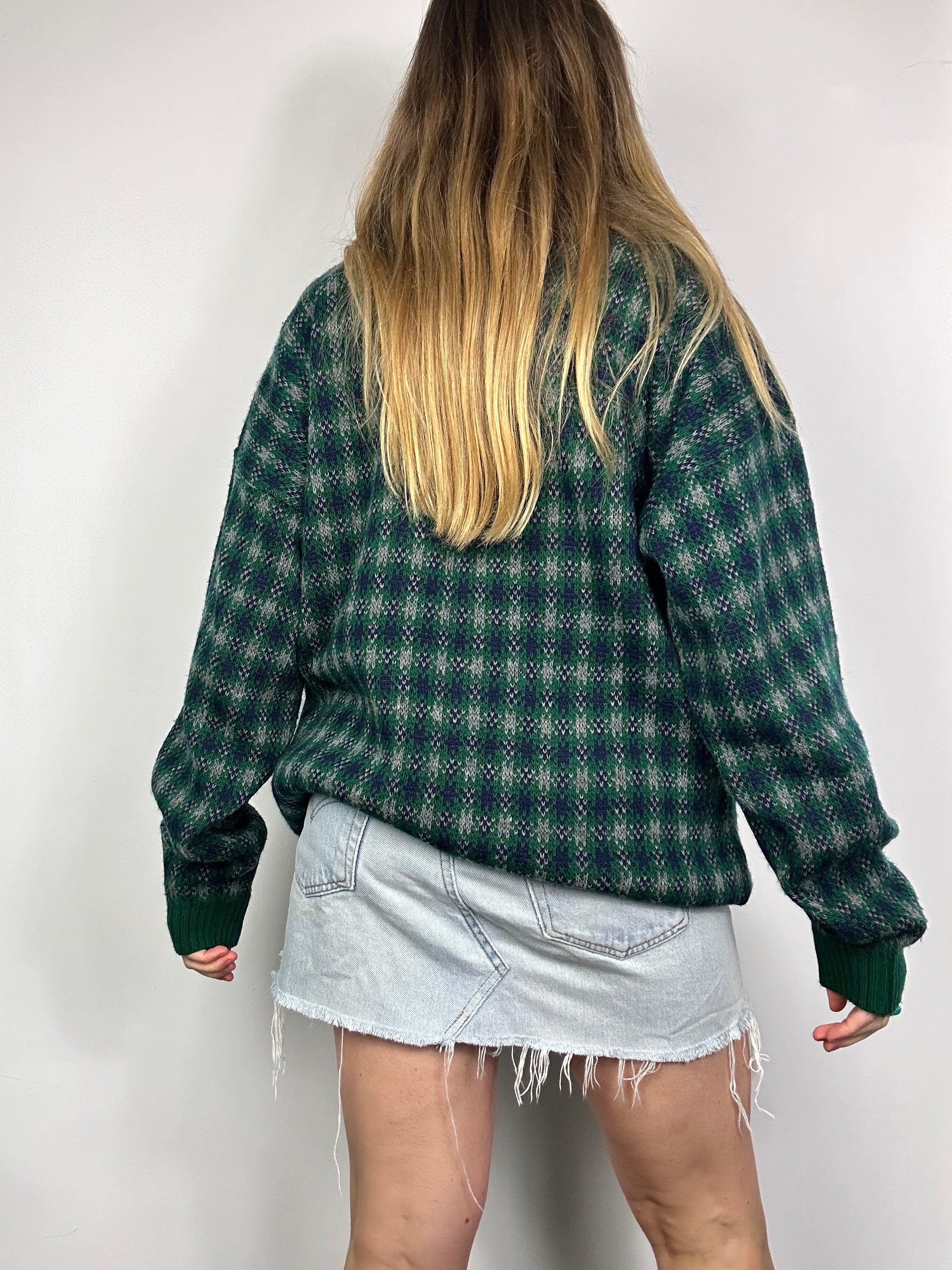 Green Tartan Knit Cardigan Size L