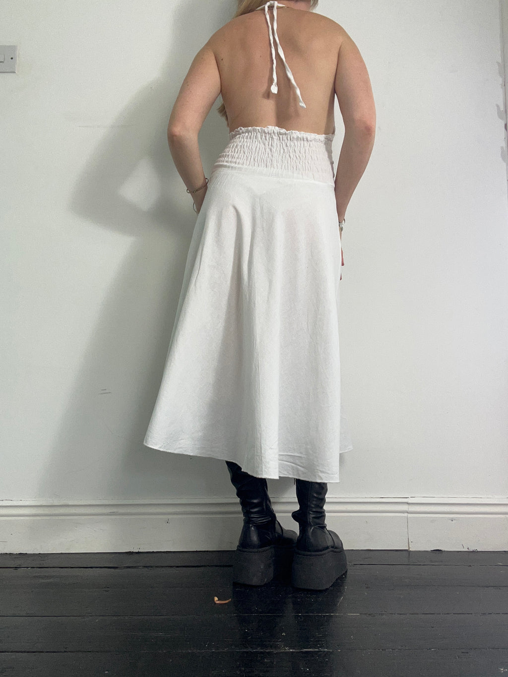 White Halter Neck Linen 90's Dress Size 8