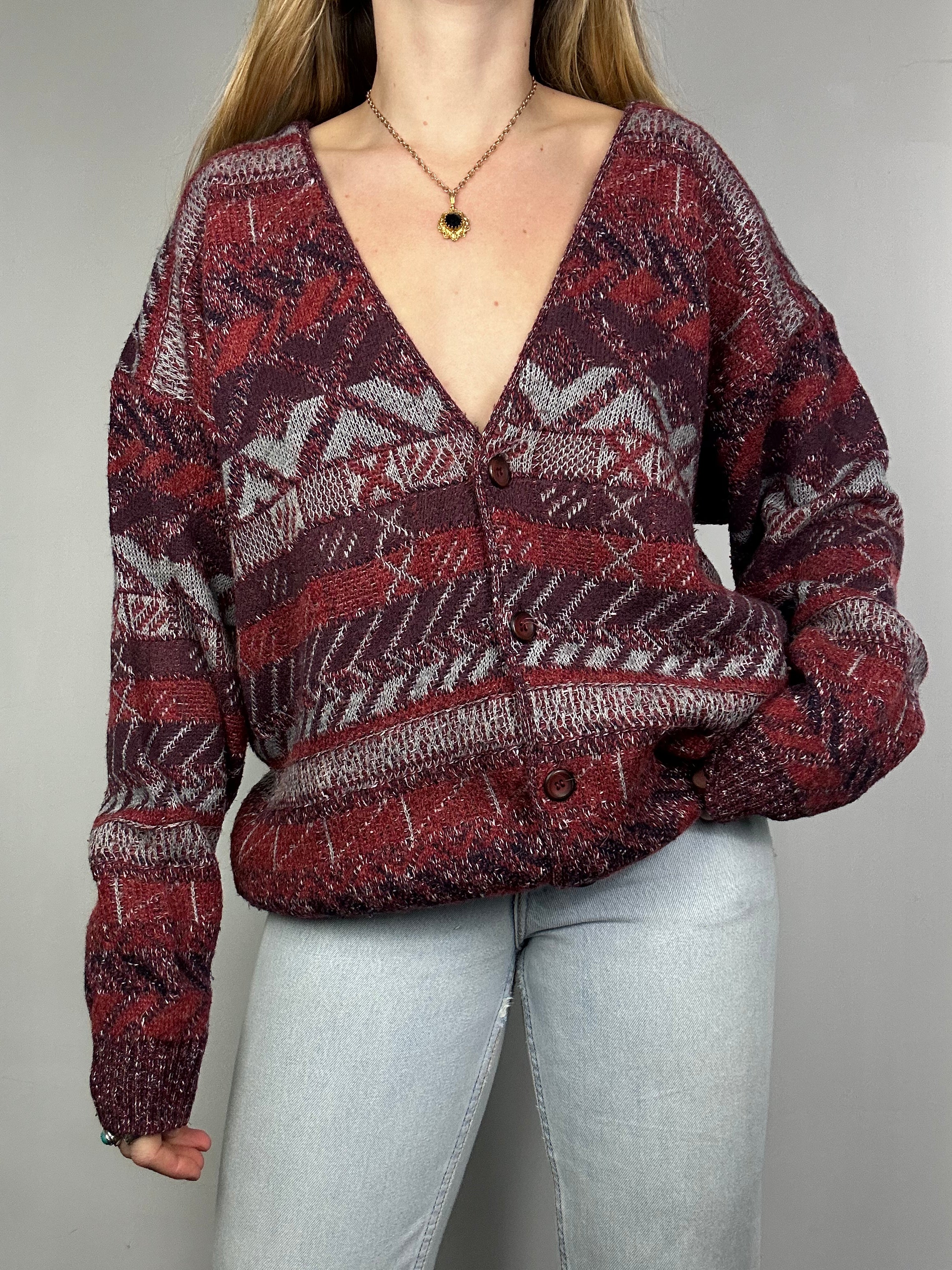 Red 80's Knit Cardigan Size L